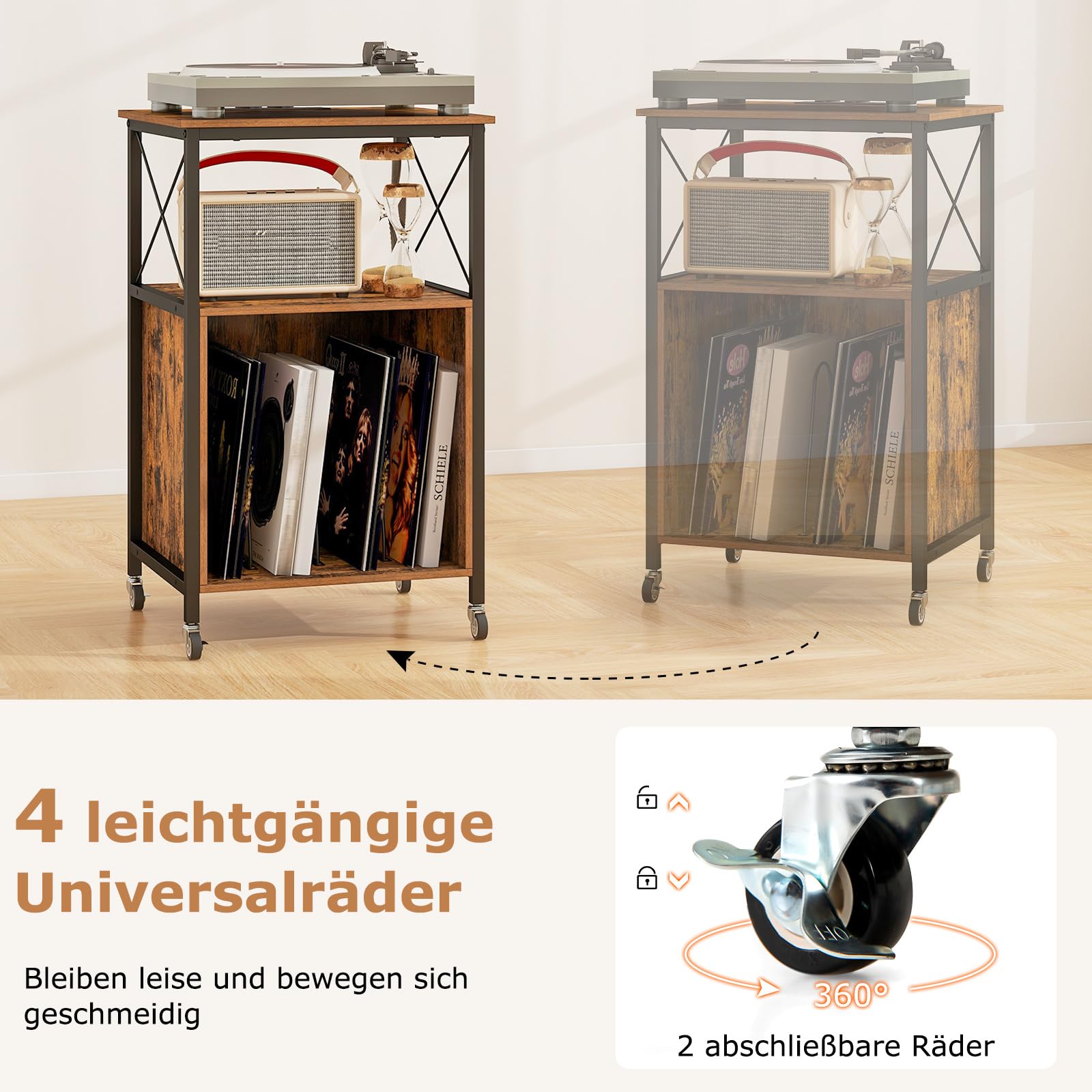 COSTWAY Schallplatten Aufbewahrung Ständer, Schallplattenständer mit integrierter Ladestation, Beistelltisch Holz, Plattenspieler-Stand für Vinyl, Brown Records Regal für Wohnzimmer Schlafzimmer
