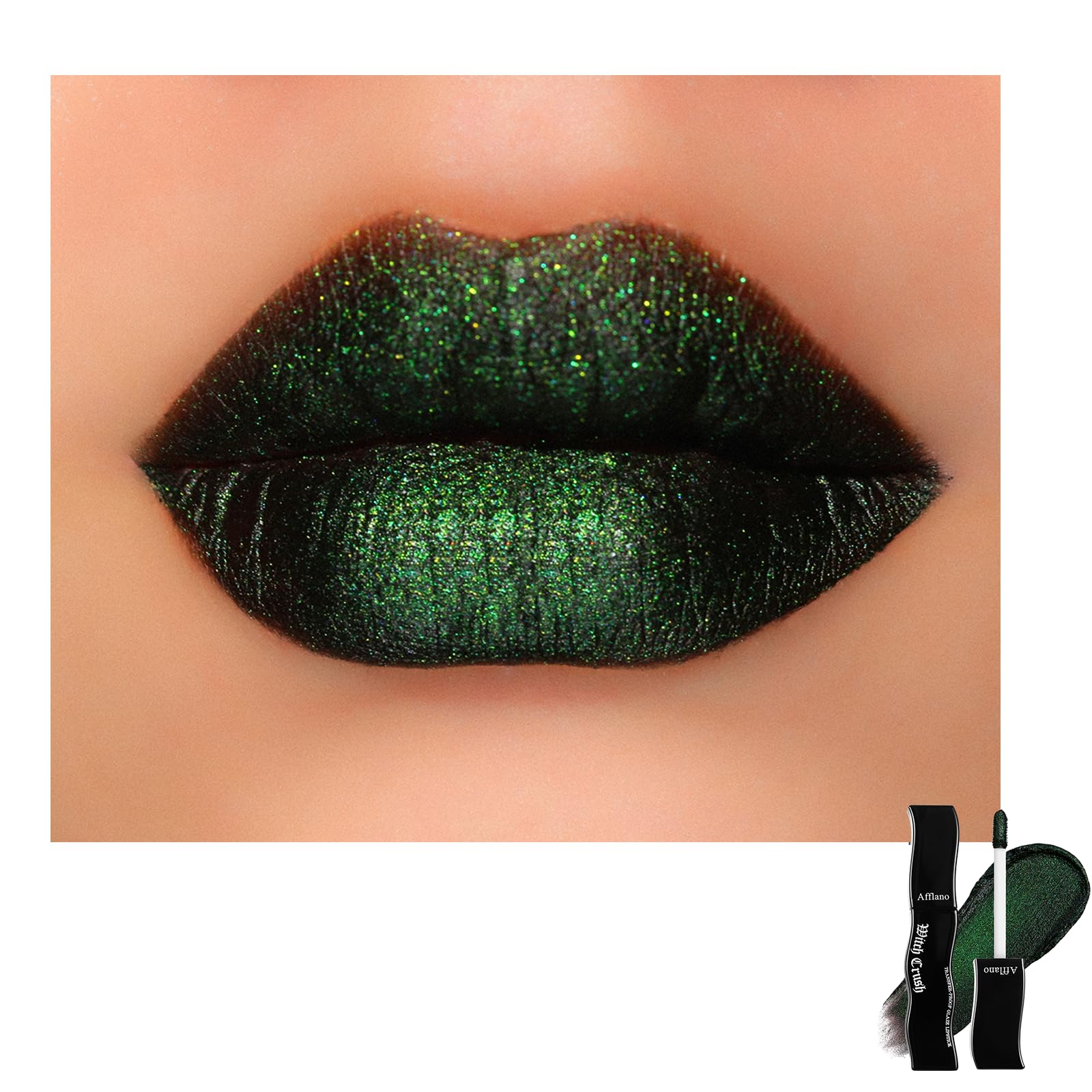 Goth Green Glitter Lipstick for Woman, Black Base Green Metallic Multichrome Liquid Lipstick， High Pigment Multichrome Non-Stick Shimmer Lip Color for Bold Gothic Halloween Makeup Vegan & Cruelty-Free Serpent Green#09