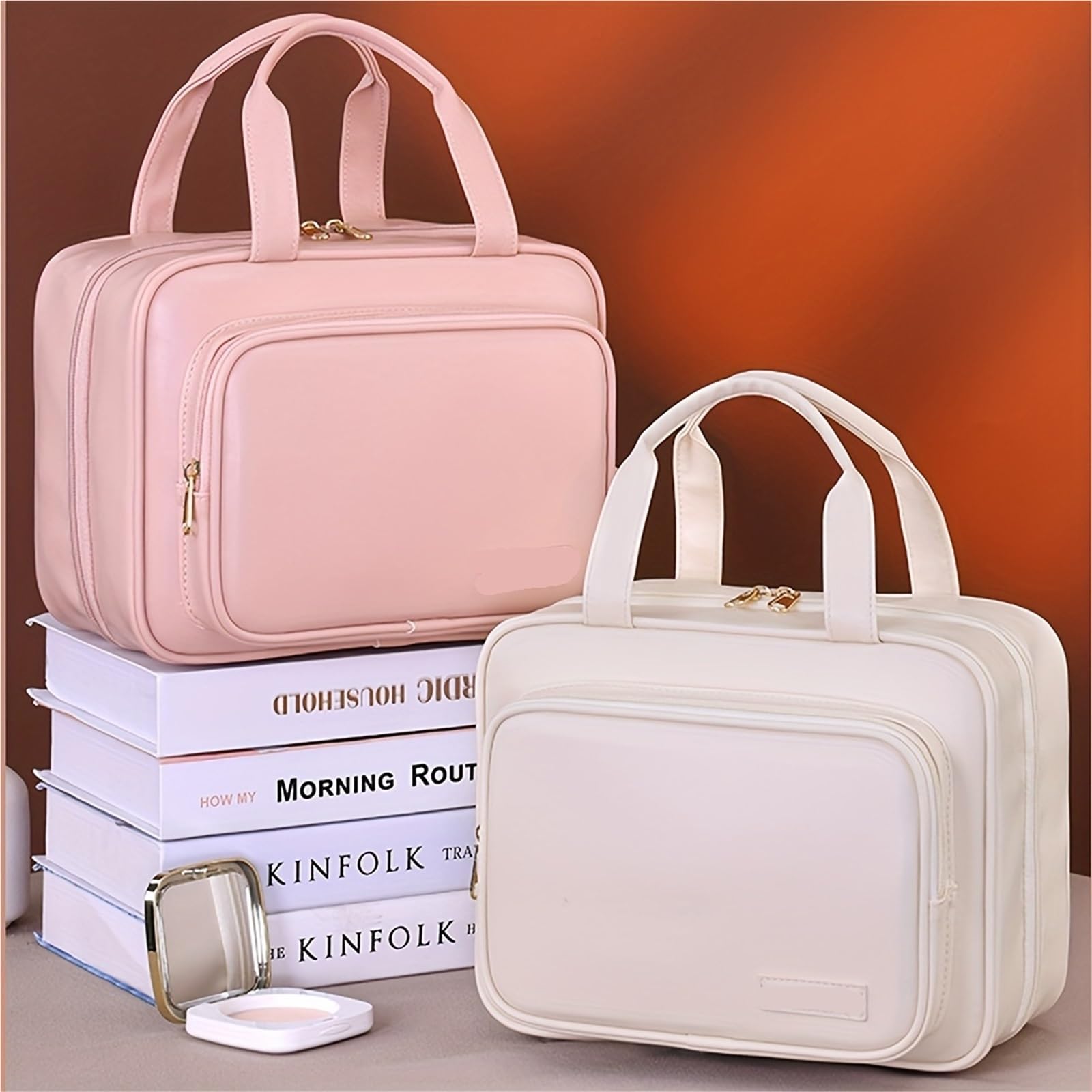 Borsa cosmetica da appendere in pelle 1 pezzo for donna, organizer portatile for trucco, borse viaggio di grande capacità Per Viaggi(Black)