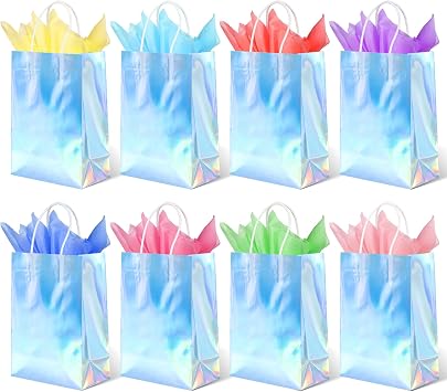 BLEWINDZ 32Pcs Iridescent Holographic Silver Gift Bags with 8-Color Tissue Paper, 8.7" Small Party Favor Bags with Handles for Birthday Baby Shower Wedding