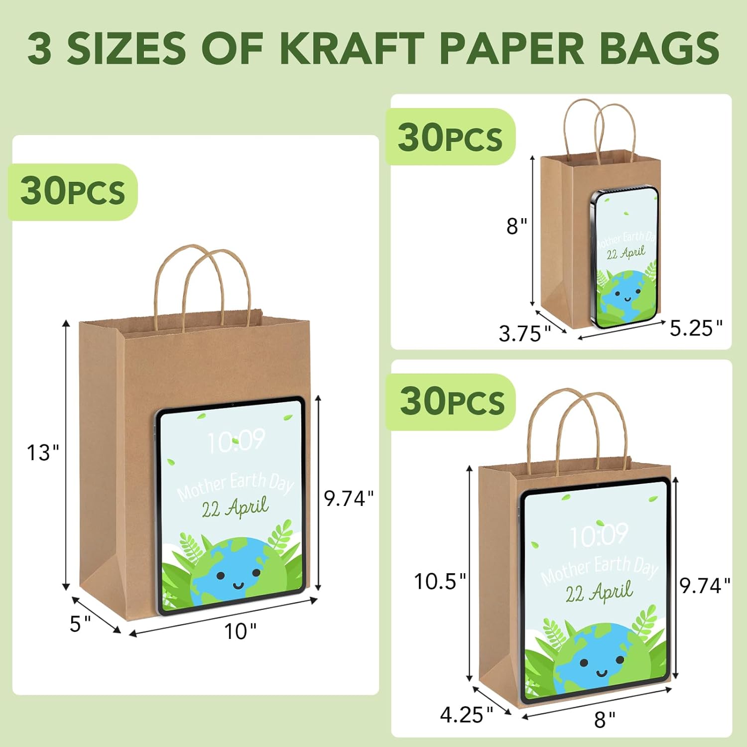 MESHA 90 Pack Brown Kraft Paper Bags with Handles Bulk, Multiple 3 Assorted Sizes Eco-Friendly Gift Bags for Small Shopping Business - Party Favors, Retail, Birthday Goody Bags & Grocery, 5/8/10 Inch - Image 2