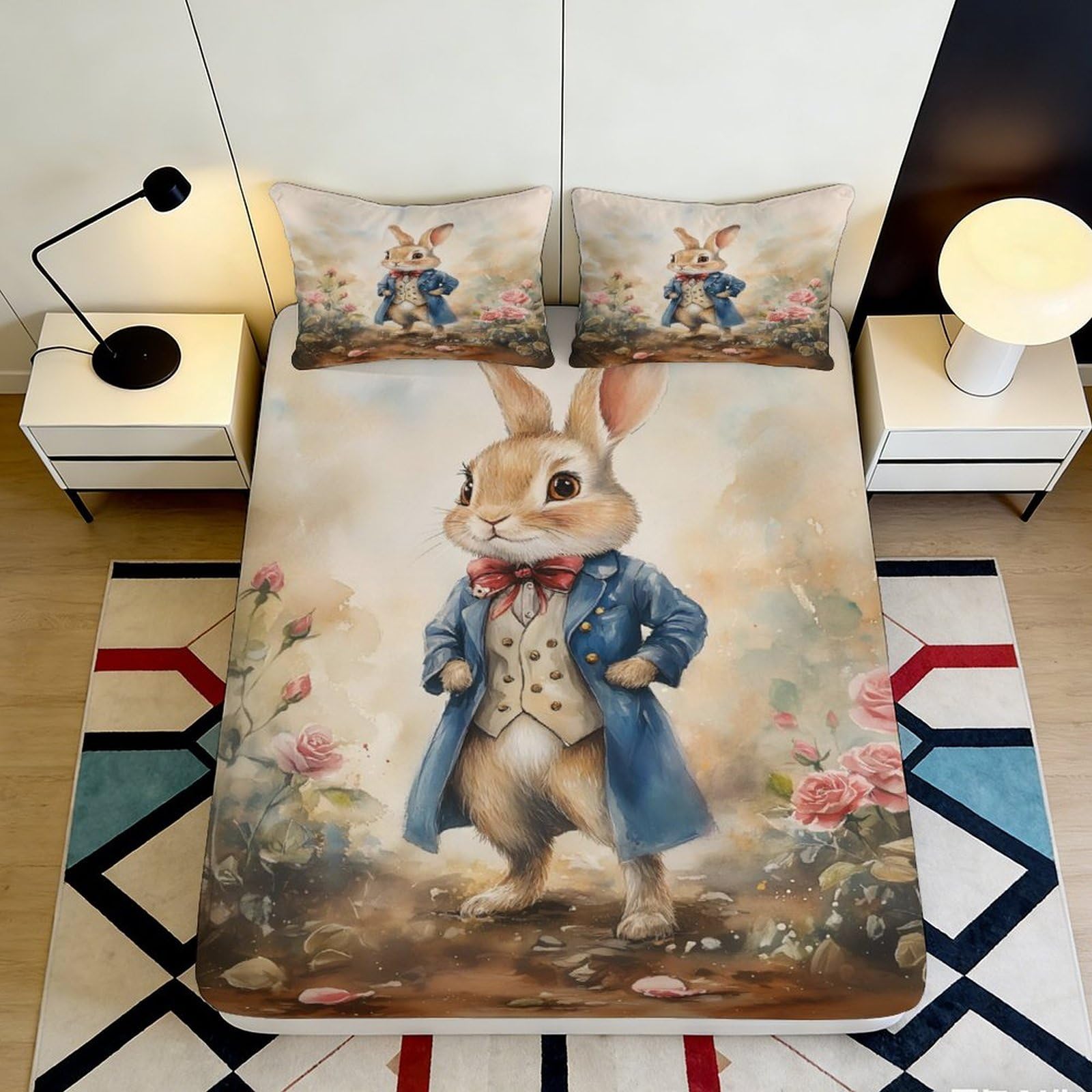 Jqzkxnhpbr Style-9 3D Printed Rabbit Art Fitted Sheet Microfiber Soft Breathable Floral Bed Cover For Bedroom Guest Room Decor 90X200x25cm