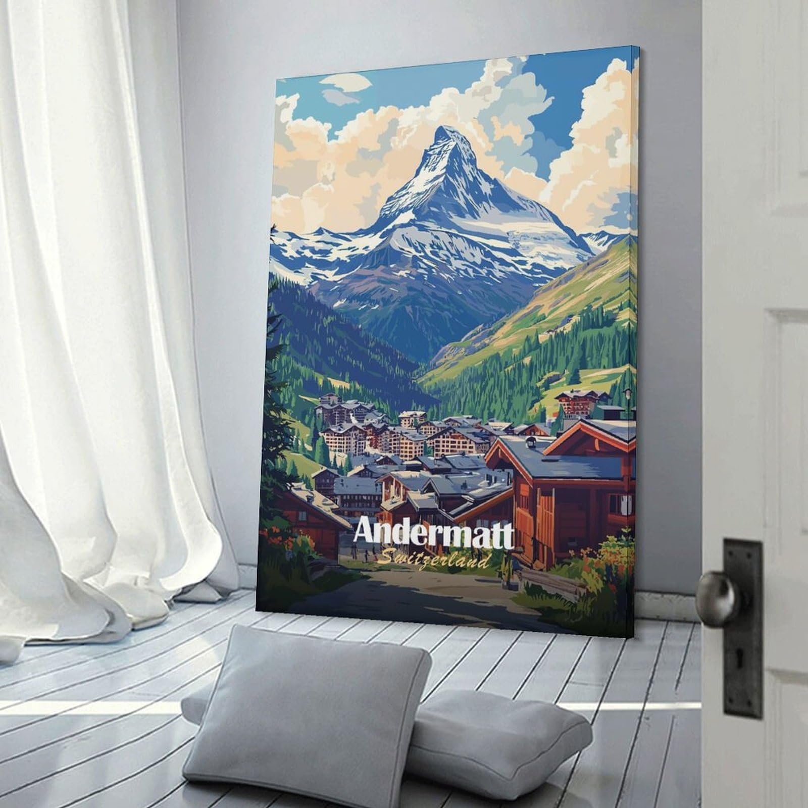 Junmoney Andermatt Switzerland Mountain View Home Decor Wall Art, 24x36inch(60x90cm), for Lounge, Bedroom Or Personal Spaces, Thoughtful Wall Decor for Art Lovers