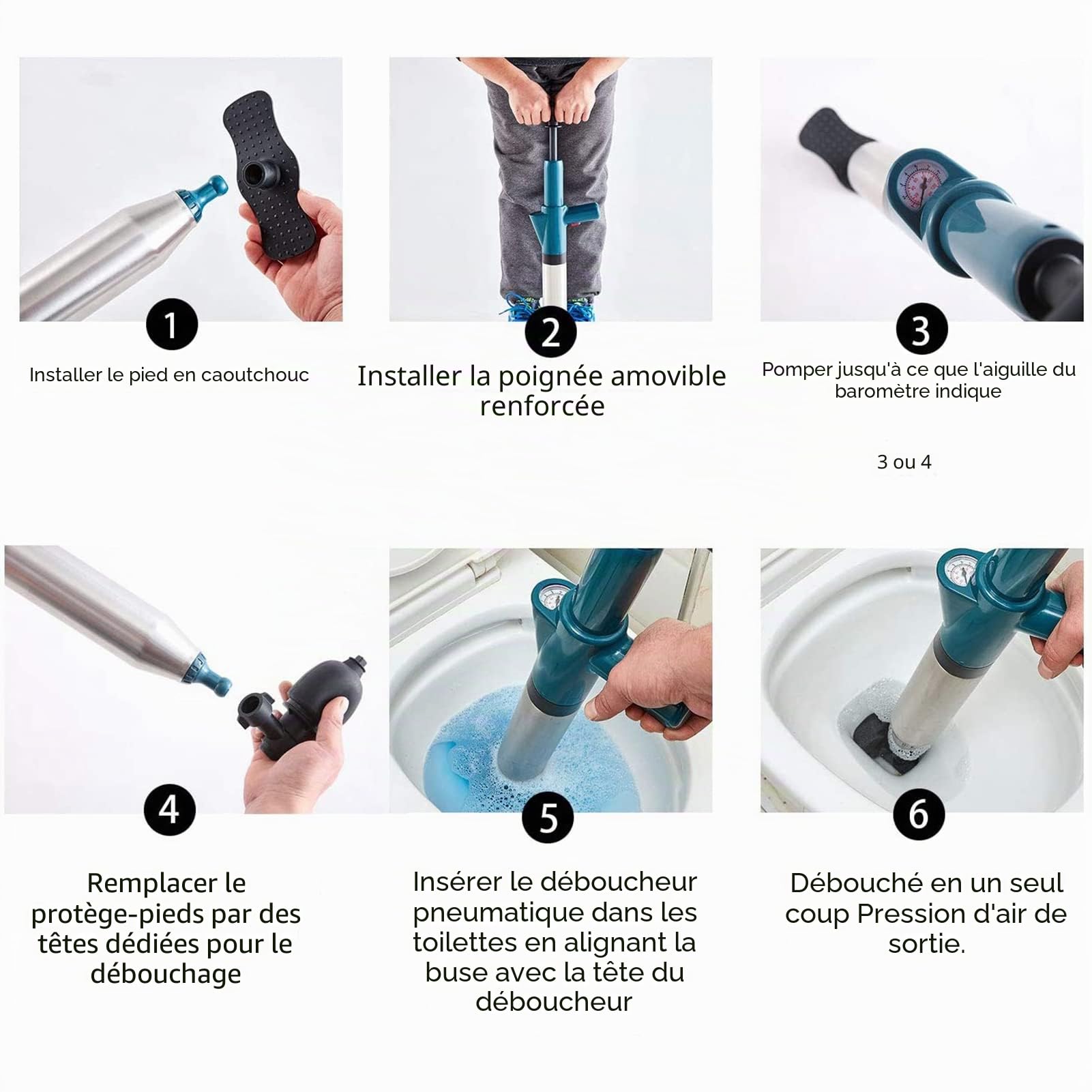 Déboucheur WC 5-en-1 à Air Comprimé | Ventouse Haute Pression pour Toilette/Lavabo/Baignoire | Anti-Bouchons Cheveux/Papier | Kit Pro avec Spirale (Bleu)