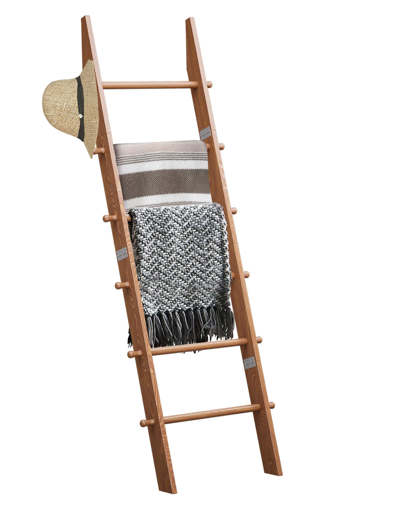 TEAKMAMA 6-Tier Blanket Ladder with Hanging Knobs,5.5 Ft Wall Leaning Blanket Ladders for Living Room Bedroom,Rustic Decorative Storage for Quilts,Throws,Easy to Assemble,Honey Brown