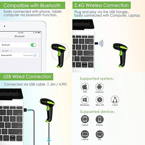 Miniatura 2 de NADAMOO Escáner de código de barras inalámbrico 2D con soporte, compatible con Bluetooth y conexión inalámbrica 2.4G y por cable, escáner de código