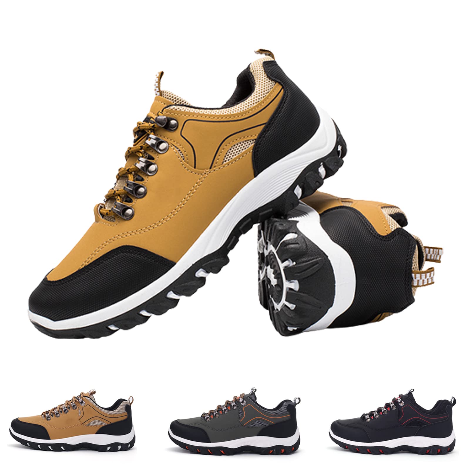 WENOREG Men’s Low-Top Non-Slip Gomehut Sneakers,Fashion Good Arch Support Breathable Trekking Trails Sneakers Extended Width Foot and Heel Comfortable Breathable Hiking Walking Shoes (Yellow,8,8)