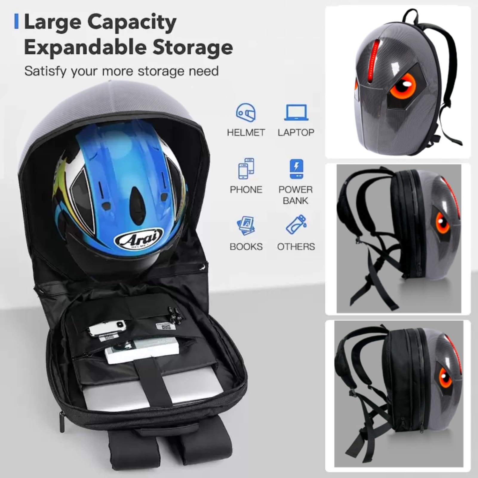 SEAFRONT Sac à Dos LED avec Affichage Programmable, ABS, étui Rigide 3D étanche, Sacs de Casque pour Ordinateur Portable, Accessoires de Moto