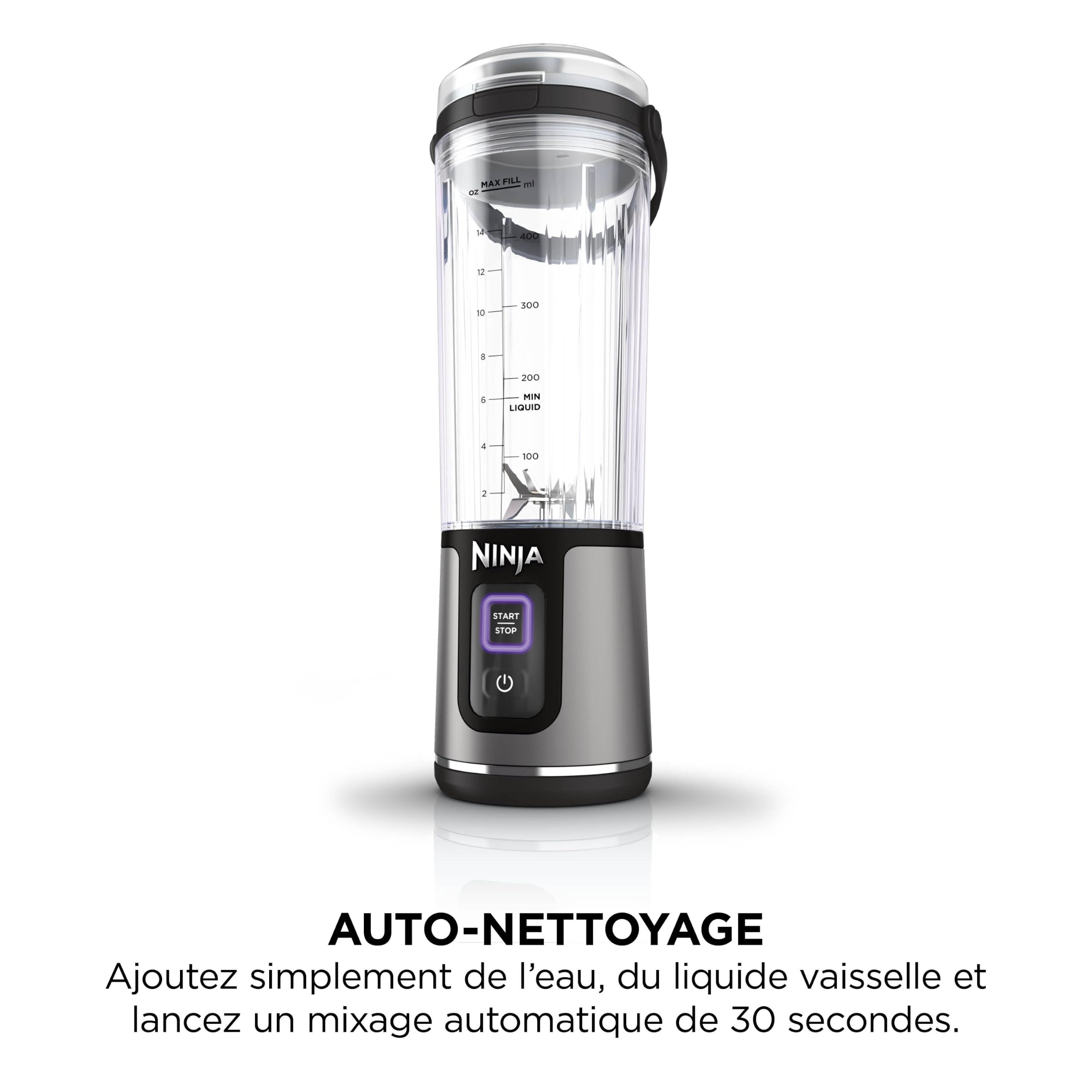 Ninja Blast Blender portable, 530 ml, couvercle résistant aux fuites et bec verseur, mini blender sans fil puissant, rechargeable, smoothies, shakes protéinés, mixe fruits et glaçons, noir, BC151EUBK | couvercle résistant aux fuites et bec verseur, mini b