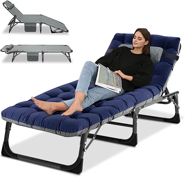 Camping Cot, Adjustable 4-Position Adults Reclining folding Chaise with Pillow, Outdoor portable Lounge Chair Sleeping Cots Bed, Perfect for Camping, Pool, Beach, Patio, Navy Blue