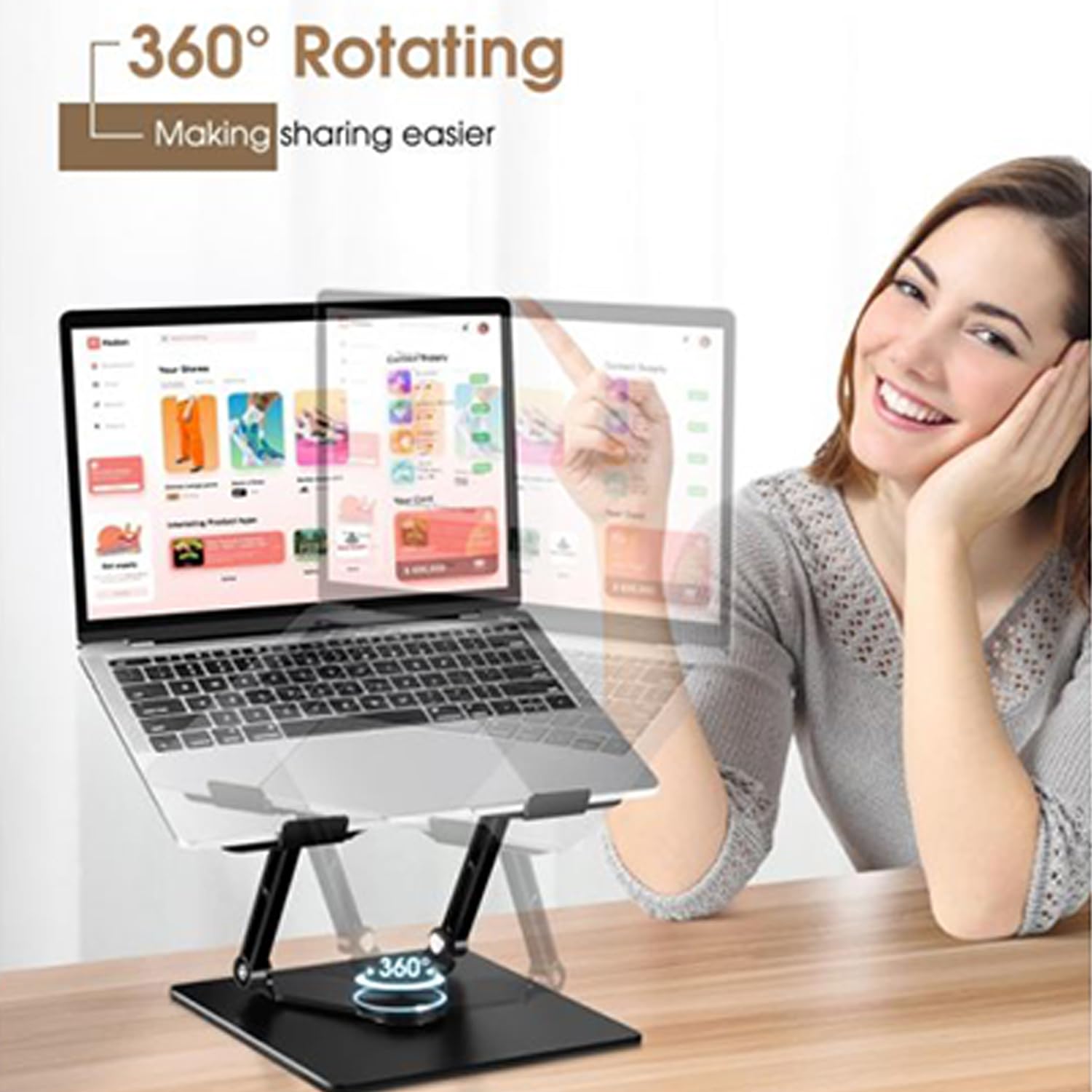 EYUVAA LABEL Adjustable Laptop Stand with 360° Rotating Base & Dual Fan Cooling Stand, Wide Compatibility 10-17 inches| Compatible for Tablet, Notebook and All Laptops 1