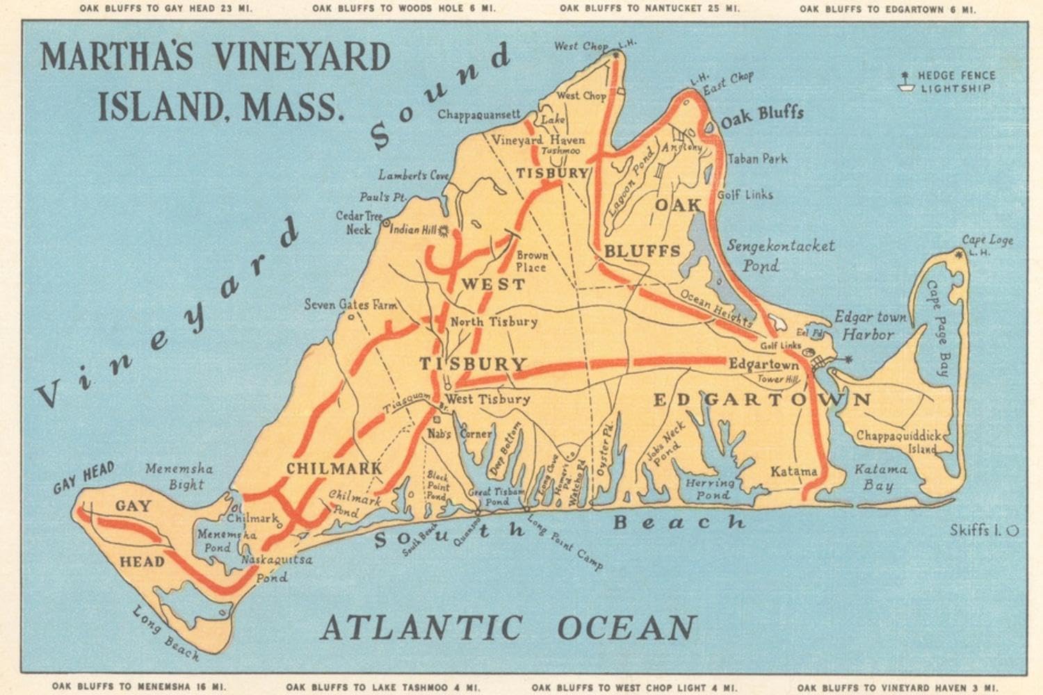 ART.COM Wall Art Print Map of Martha's Vineyard, 36" x 24"