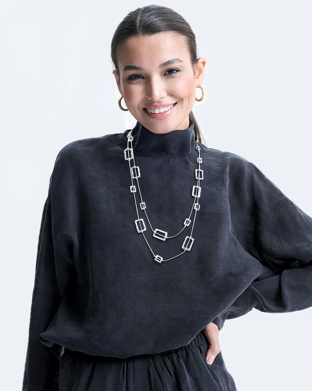 Silver Chunky Statement Necklaces Long Layered Necklaces for Women