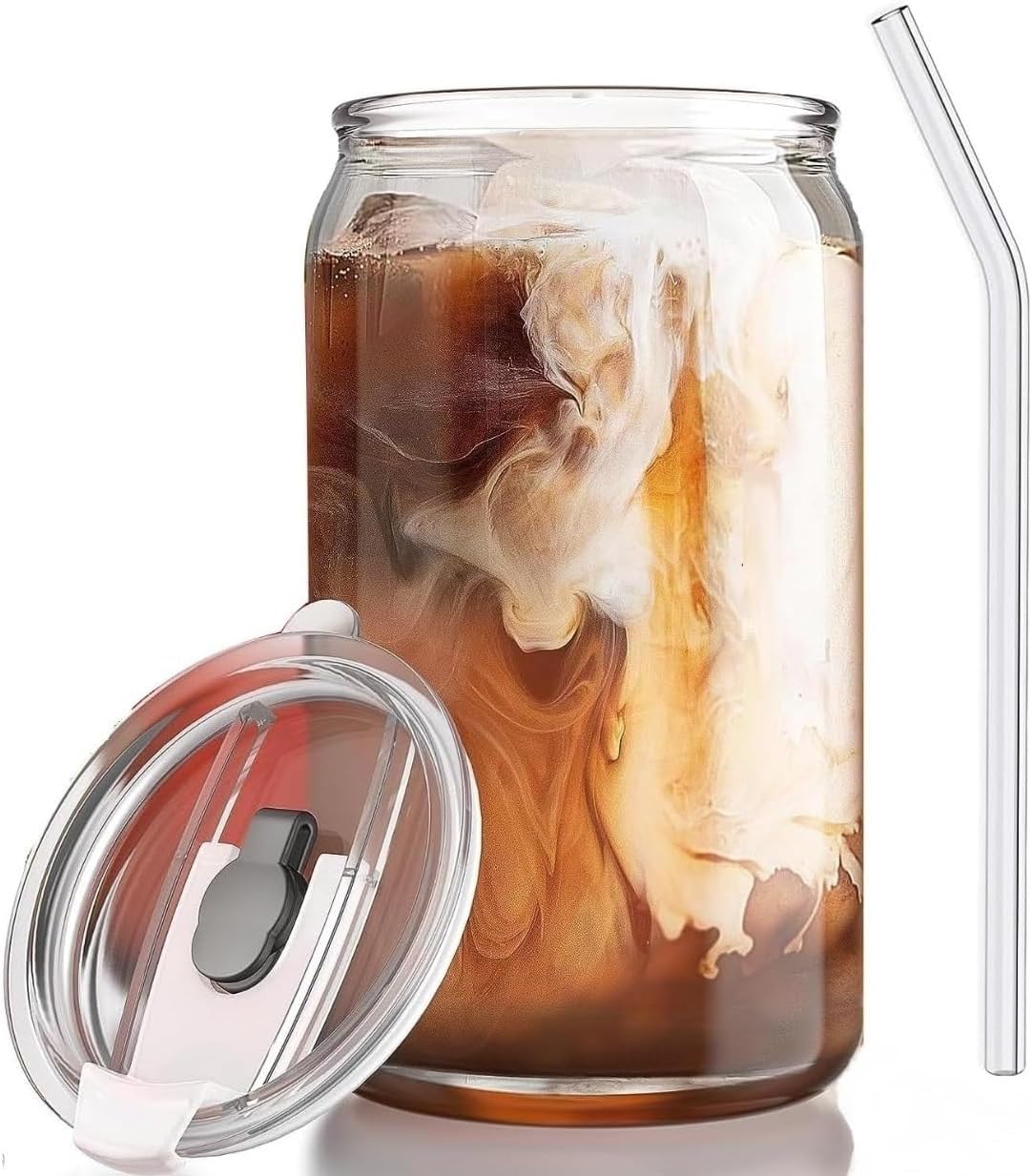 Iced Coffee Drinking Glasses with Lids and Glass Straw, 500ml Beer Can Glass Can Shaped Tumbler Cup for Whiskey, Tea, Water, Soda, Cocktail Gift (Pack of 1) (Coco - 1)