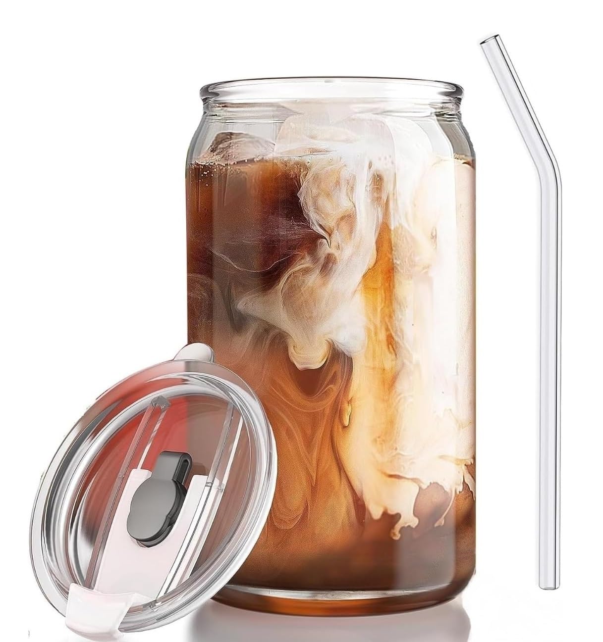 Iced Coffee Drinking Glasses with Lids and Glass Straw, 500ml Beer Can Glass Can Shaped Tumbler Cup for Whiskey, Tea, Water, Soda, Cocktail Gift (Pack of 1) (Coco - 1)