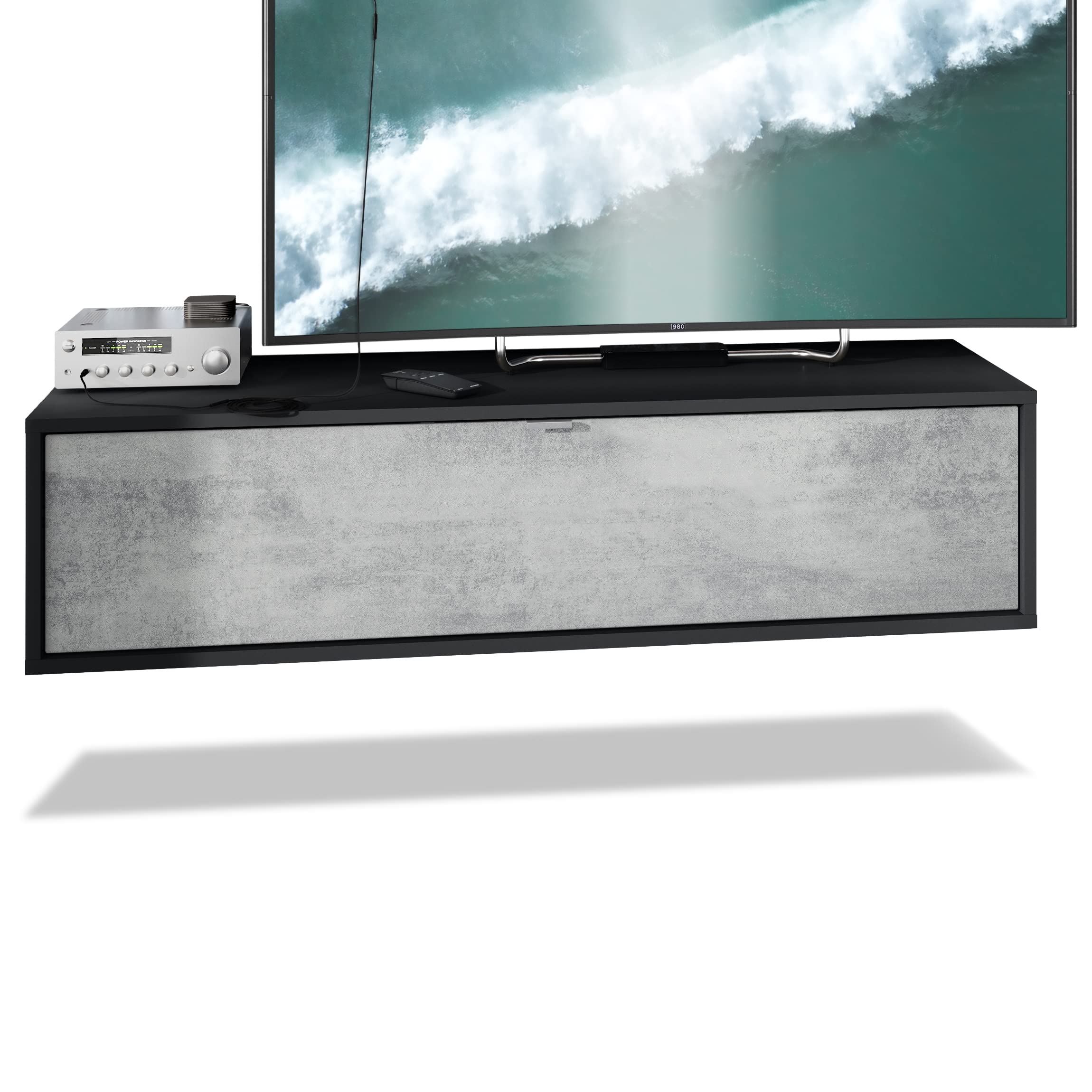 Vladon TV Board Lana 120 Hängeschrank Lowboard 120 x 29 x 37 cm, Made in Germany, Korpus in Schwarz matt, Fronten in Beton Oxid Optik | Große Farbauswahl