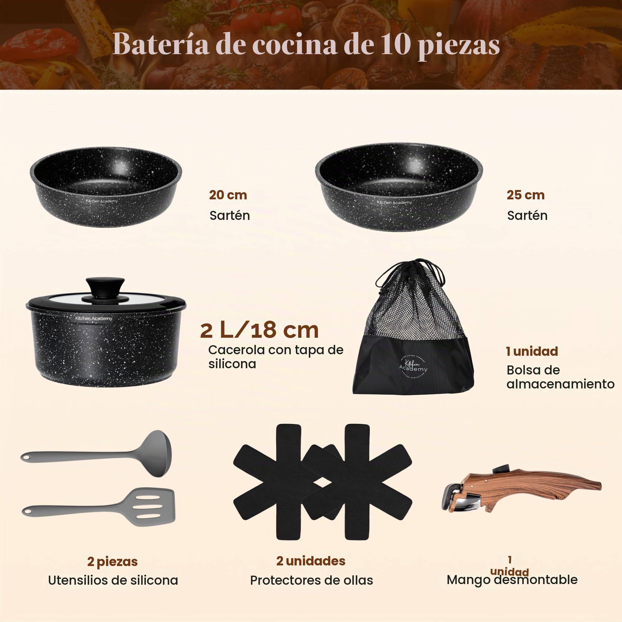 Kitchen Academy Juego de utensilios de cocina de inducción con mango desmontable, 10 ollas y sartenes antiadherentes, utensilios de cocina apilables de granito negro para campamento