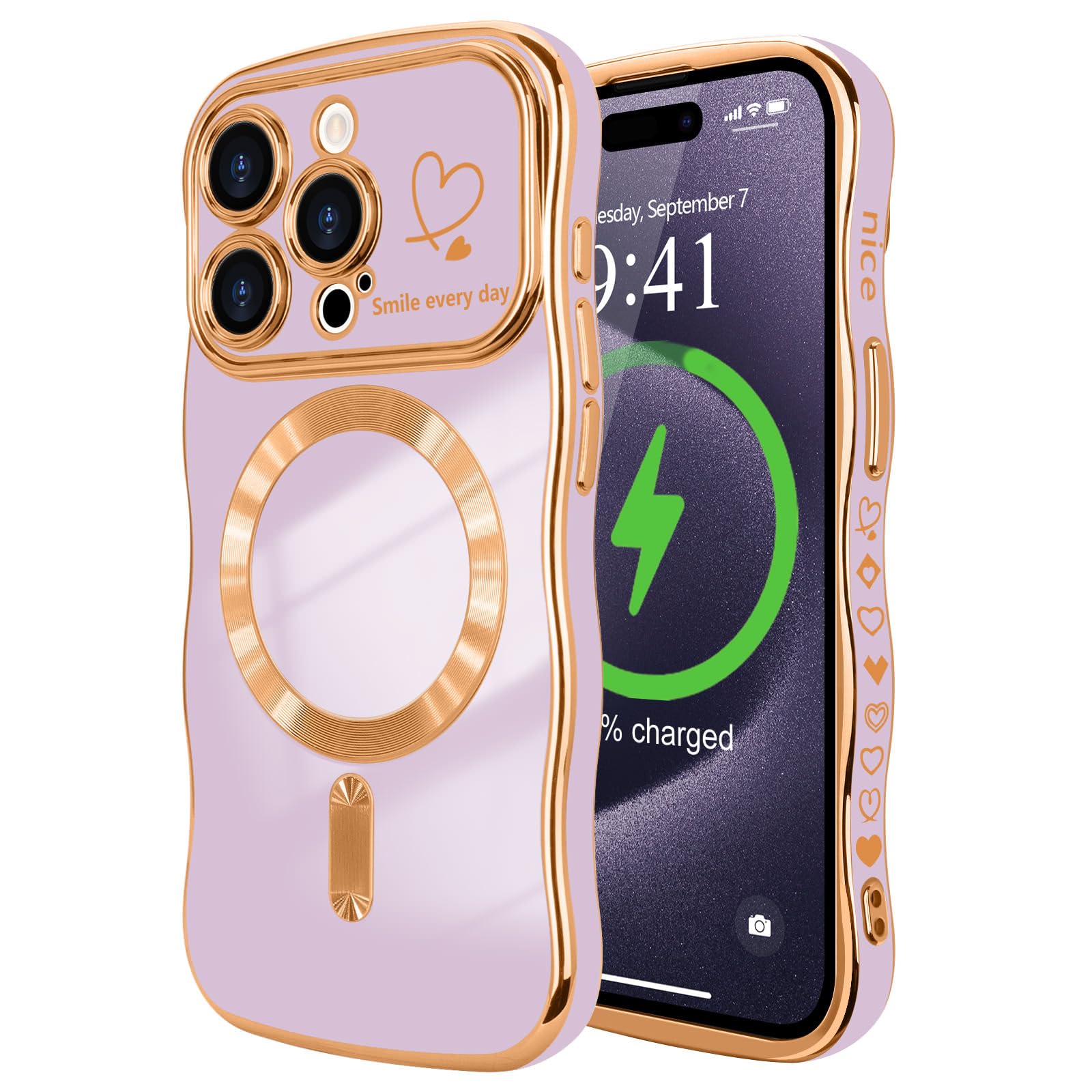 LCHULLE for iPhone 15 Pro Max Case for Women Girls [Compatible with MagSafe] Cute Curly Wave Shape, Magnetic Love Heart Pattern with Camera Lens Cover