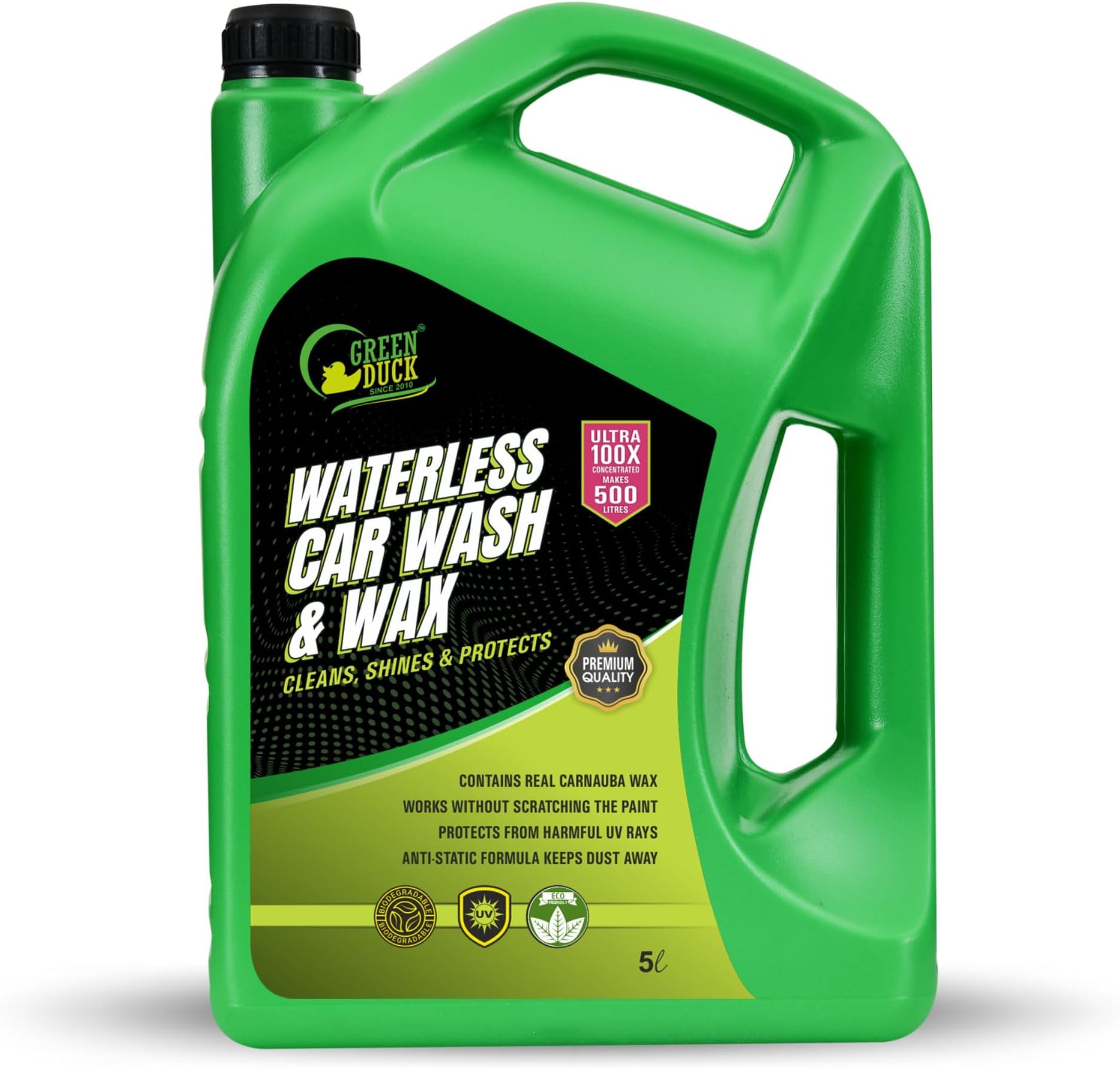 GREEN DUCK® Waterless Car Wash & Wax Concentrate | 1:200 Times Dilution | Contains Real Carnauba Wax | Works Without Scratching (5 litres)