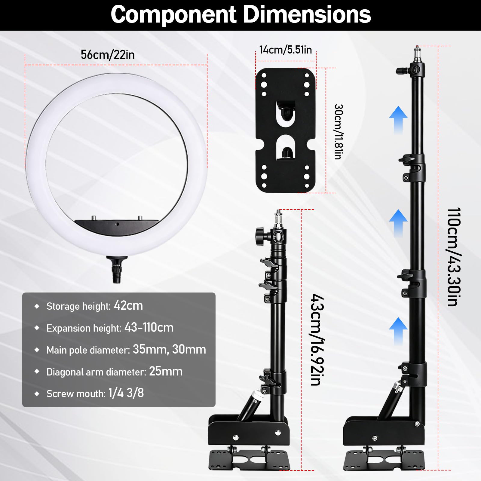 Juego de luz de anillo de 22 pulgadas con soporte de pared, brazo ajustable, incluye mando a distancia, soporte para teléfono móvil, bolsa de transporte, soporte estable de pared y techo para estudio