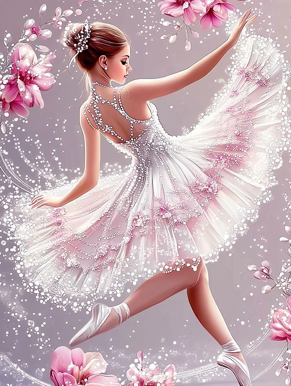 Yikenjoy Dancer Flowers Diamond Art Kits for Adults -Ballerina 5D Diamond Painting Kit Pink for Beginner, Diamond Art Ballerina Full Drill DIY Dancer Girl Wall Decor, Relaxing & Fun Craft, 16 x 12 in