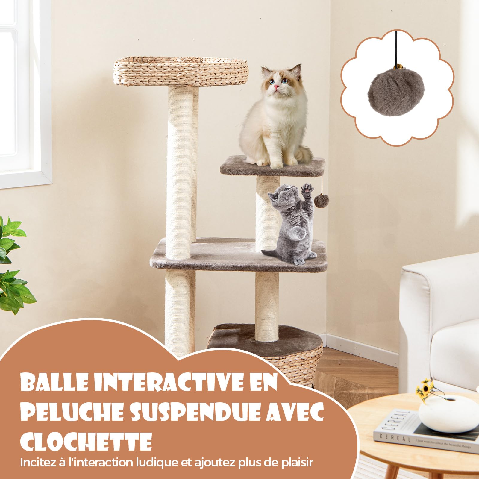 COSTWAY Arbre à Chat en Bois 131 cm Design avec 3 Griffoirs en Sisal, 3 Plateformes, Condo en Quenouille Tressée, Coussins Amovibles, Tour à 4 Étages, Café