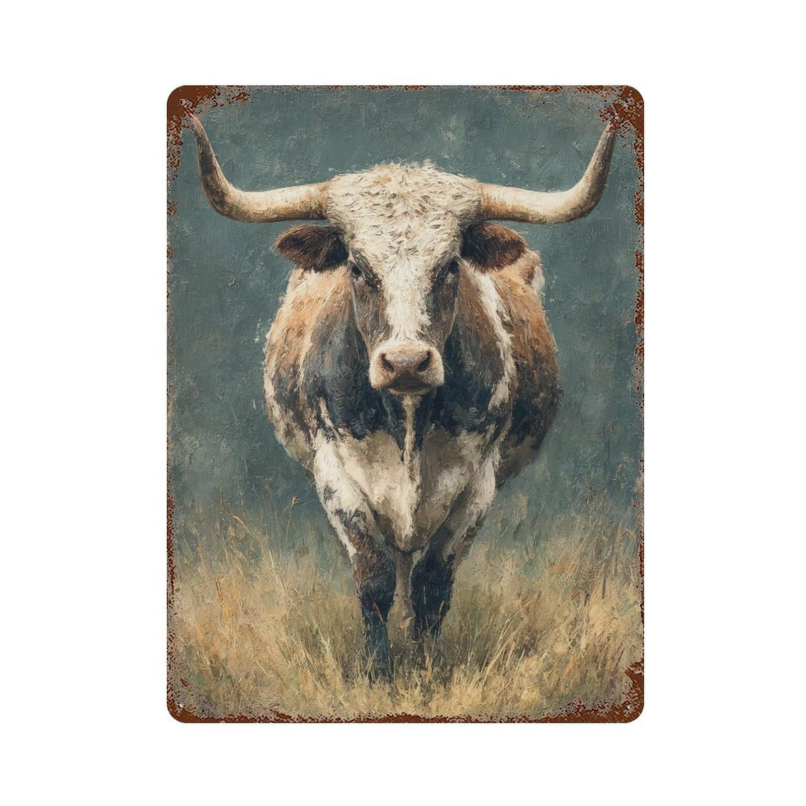 Rust Effect Bull Painting Rustic Tin Plaque 15.7"x11.8", Classic Wall Plaque for Shed, Workshop And Garage Wall Decor