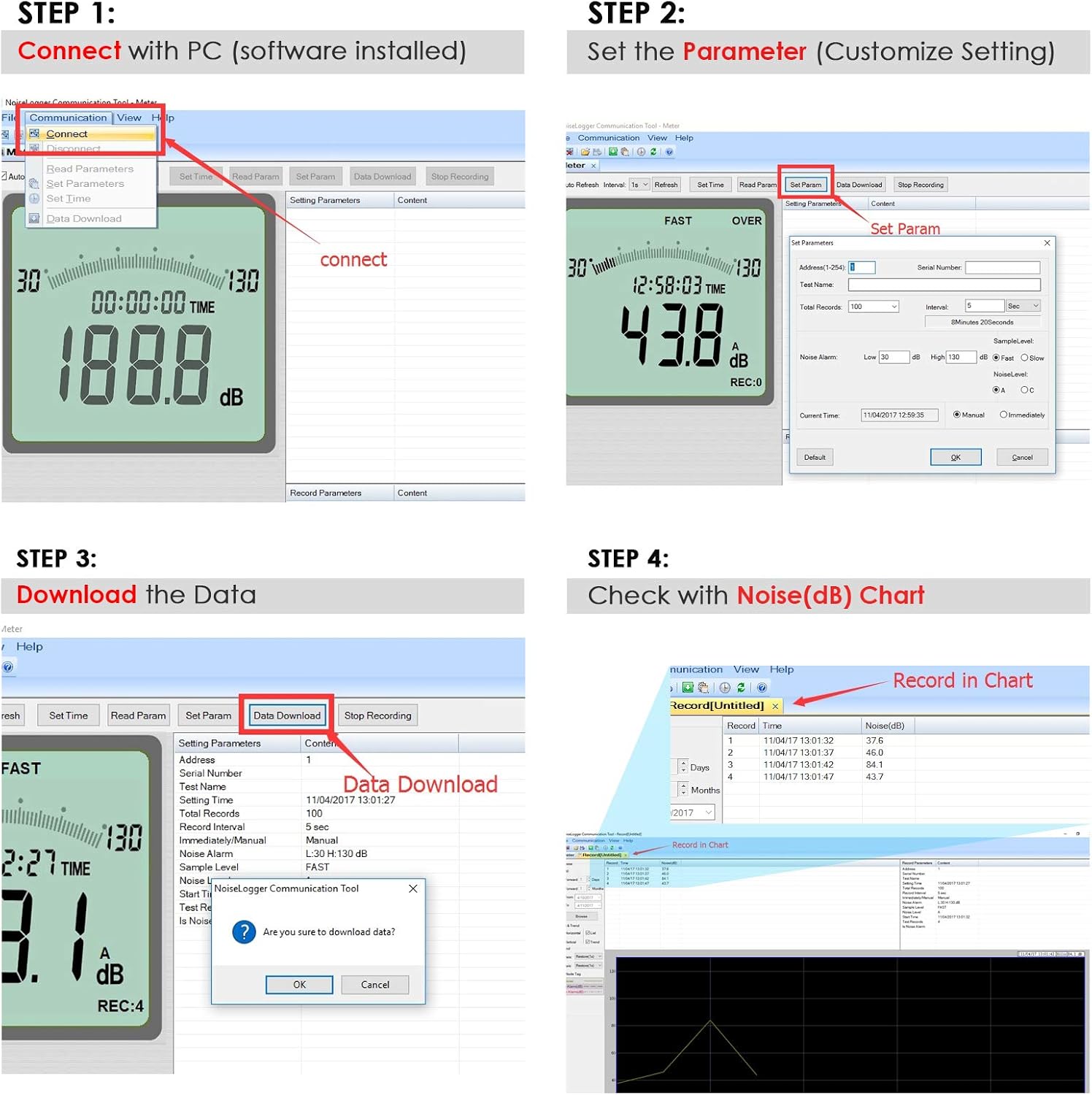 Decibel Meter Sound Level Meter with Data Logging, High Accuracy dB SPL Meter with LCD Backlight, Real-time Display, 30-130 dB Range, Connect Software in PC
