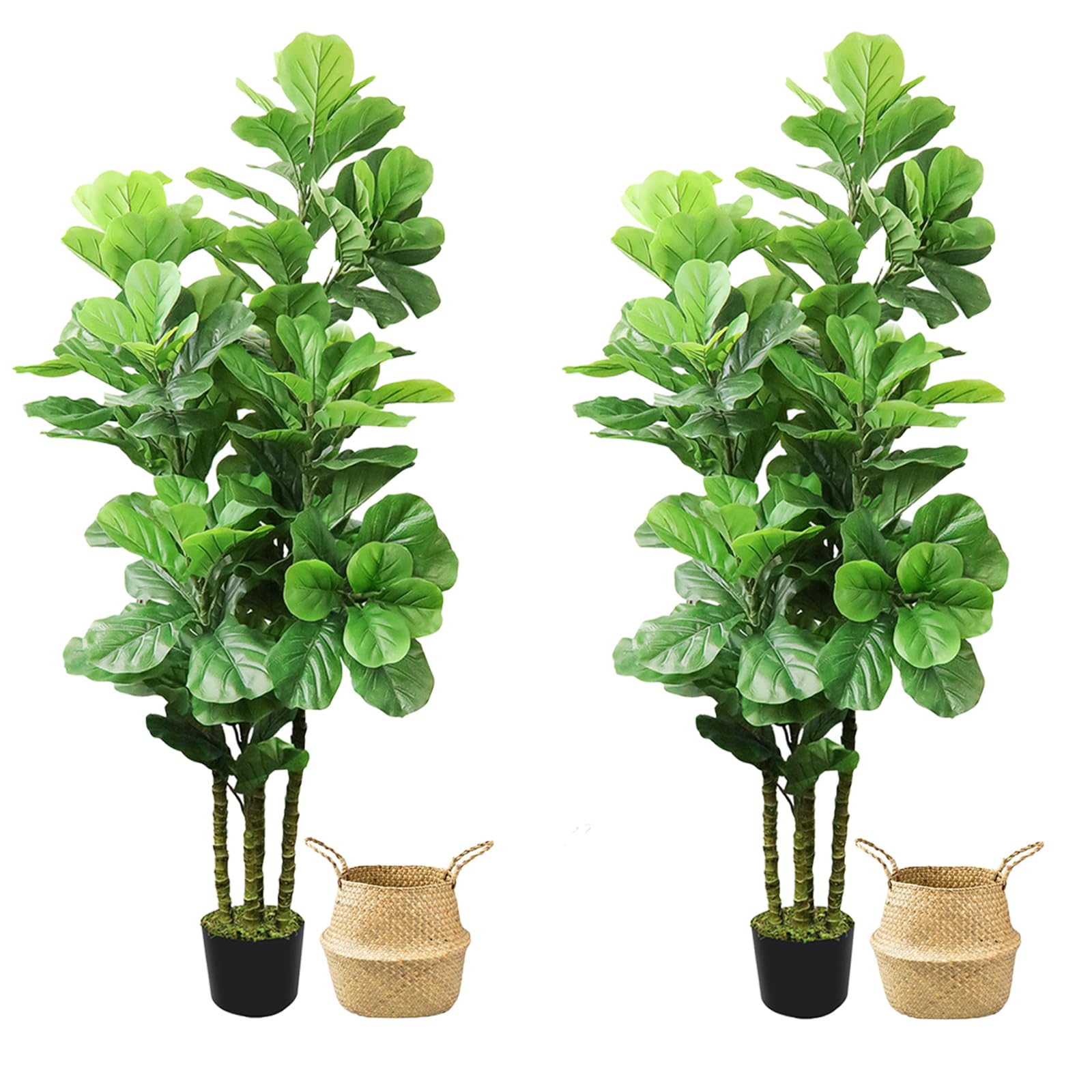 ROOMTEC 2pcs Artificial Fiddle Leaf Fig Tree,6 FT Tall Artificial Tree with Woven Seagrass Plant Basket Fake Floor Plant in Pot for Home Decor Living