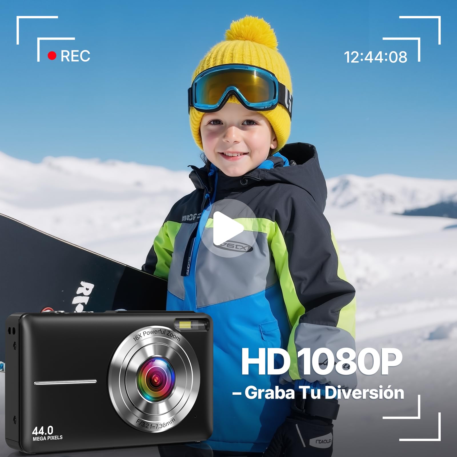 Cámara Digital Compacta Cámara de Fotos Digital 44MP 1080P con Pantalla IPS de 2,4”, Zoom Digital 16X, Antivibración, Tarjeta 32GB, 2 Baterías para Adolescentes Niños, Niñas Negro