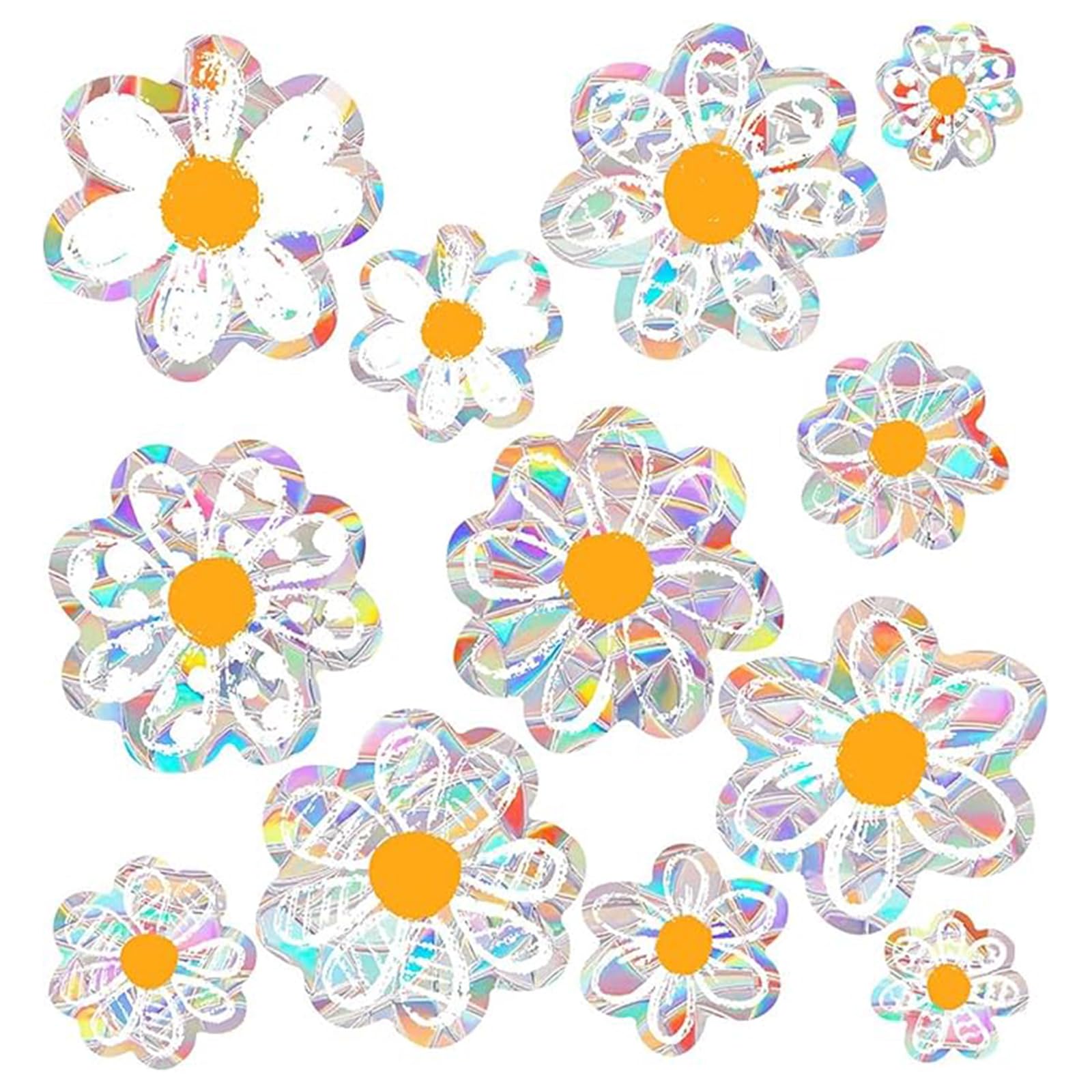 12pcs Spring Summer Daisy Window Stickers, Double-Side Glass Decals Shiny Rainbow Prism Anti Collision Window Clings for Mirror Glass Display Shop Office School Supplies Reusable