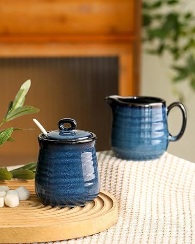 Miniatura 6 de Juego de azúcar y crema de cerámica, tazón de azúcar de 11 oz con tapa y jarra de crema de 10 onzas, jarra de leche y dispensador de azúcar para