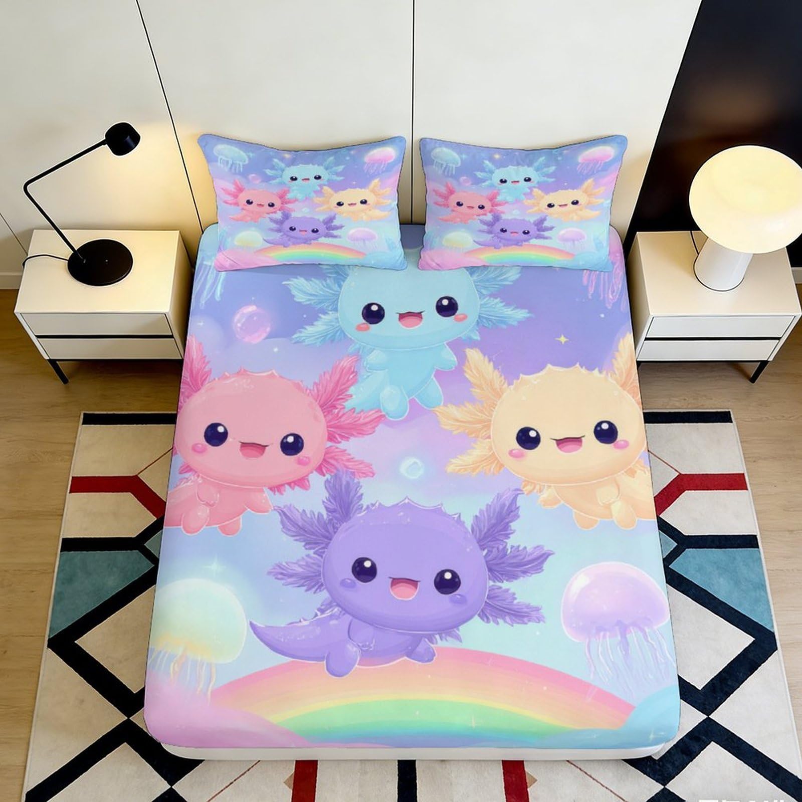 Pnayamiorkfel Style-2 3D Printed Kawaii Axolotl Rainbow Fitted Sheet Microfiber Cartoon Jellyfish Mattress Cover For Bedroom Guest Room Decor 90X200x25cm
