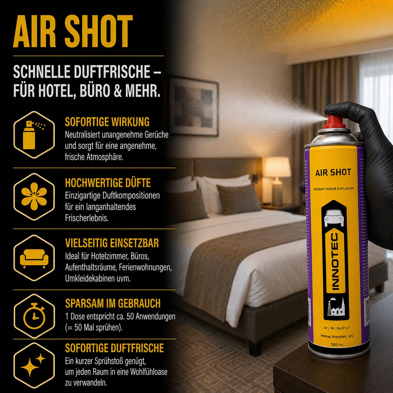 4Stück Innotec Air Shot Clean Grün Instant-Duftexplosion - Hochwertiger Duftspray - Spezielles Parfüm mit organischen Lösungsmitteln - Silikonfrei - leistungsfähiger Duft beseitigt unangenehme Gerüche