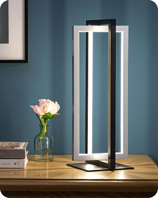 Lampe de table LED moderne EDISHINE, 750LM lampe de chevet dimmable sans étapes, 3 températures de couleur, contrôle par interrupteur tactile, lampe de nuit pour salon et chambre, cadre double rectangle, angle ajustable