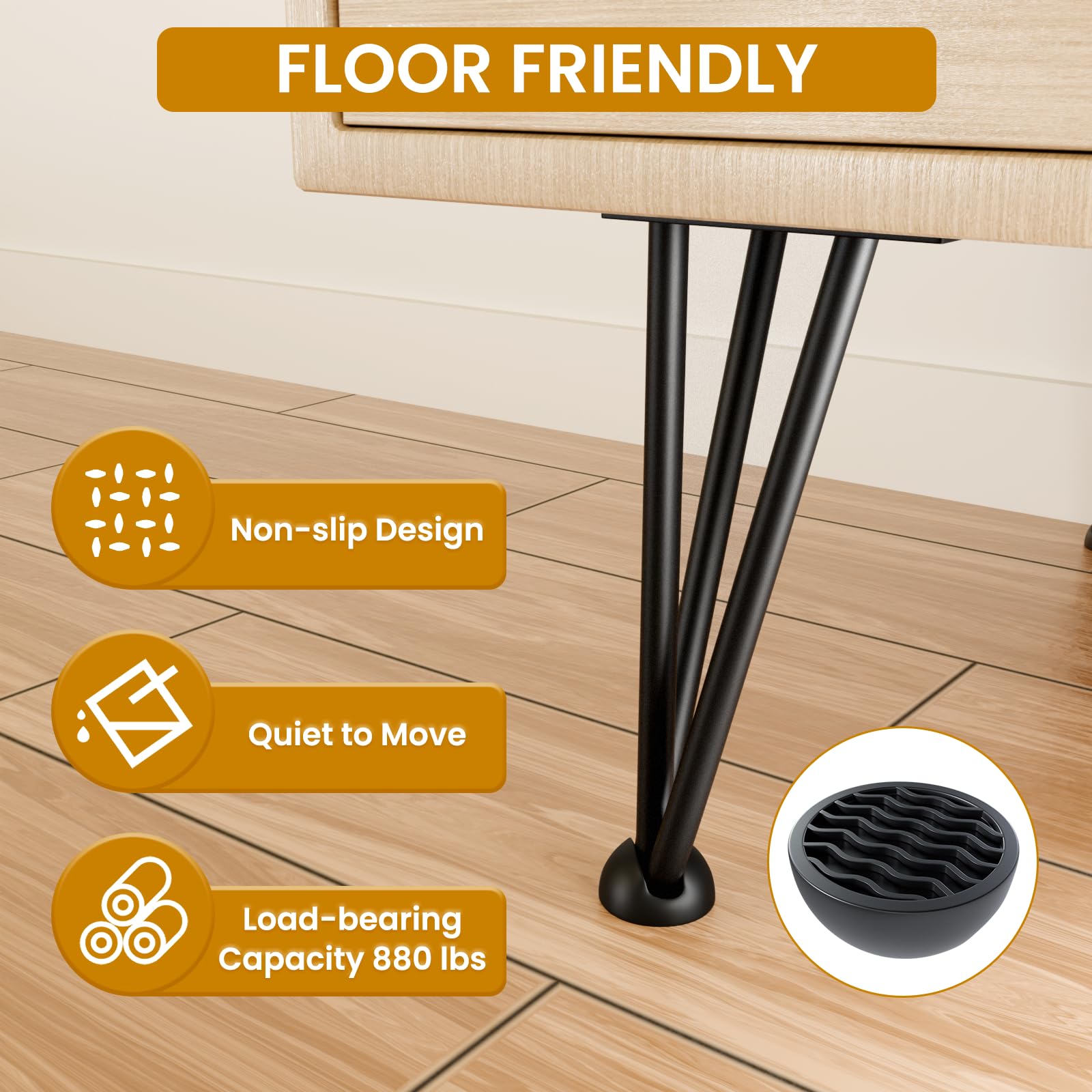 16" Hairpin Furniture Legs, Metal Home DIY Projects For Nightstand Coffee Table Desk Etc With Rubber Floor Protectors Black