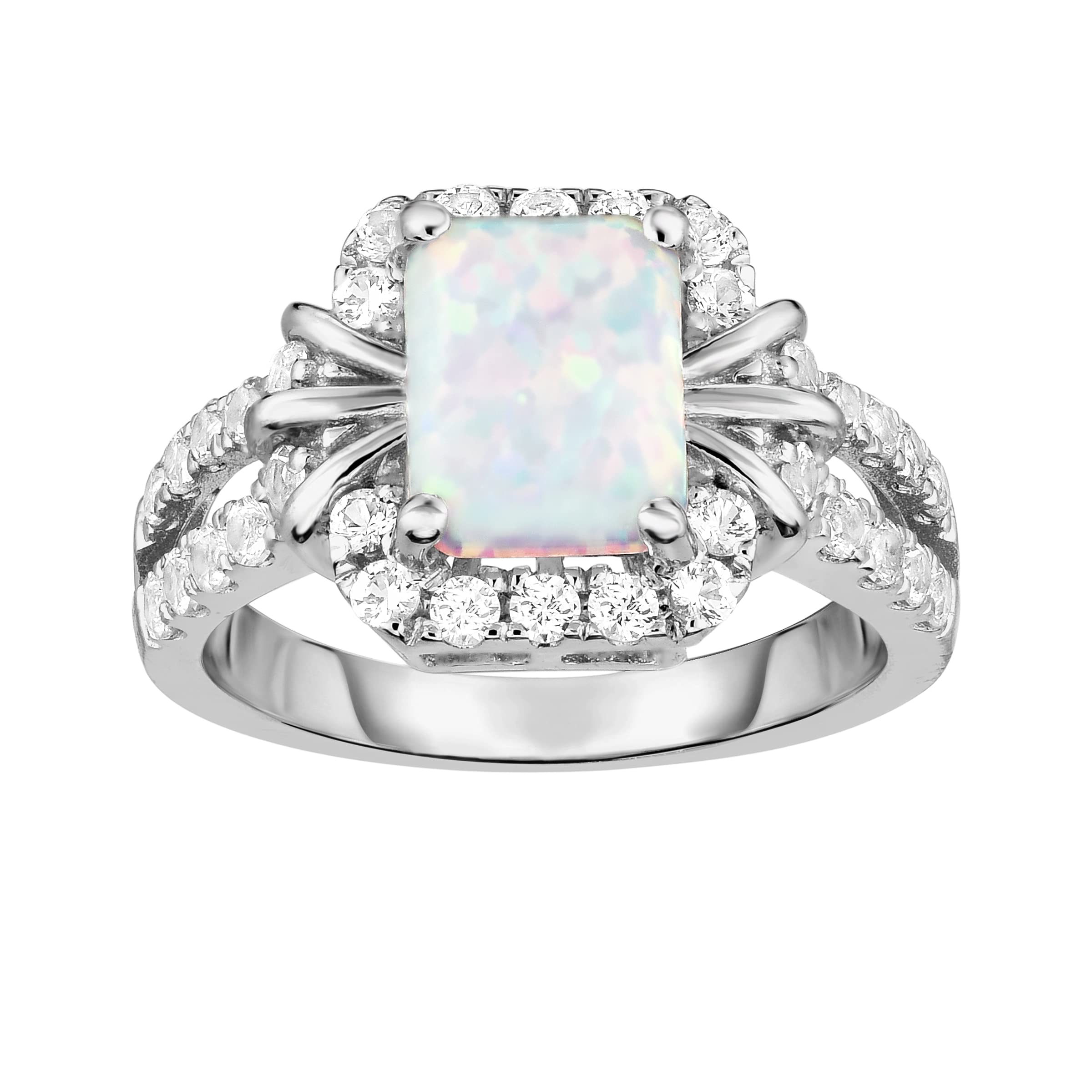 ORO LEONI 925 Sterling Silver Lab Created Opal Emerald Cut Ring. Size 7, Metal gemstone, Created Opal