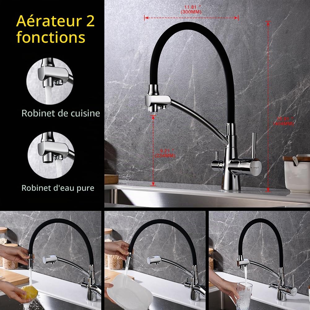 Ibergrif ‎M22128-2, Robinet de Cuisine à 3 voies, Mitigeur de Cuisine Flexible, Robinet d'Évier d'Eau Potable Réglable à 360° (Double Poignée), Corps en Laiton, Chrome, Argent/Noir