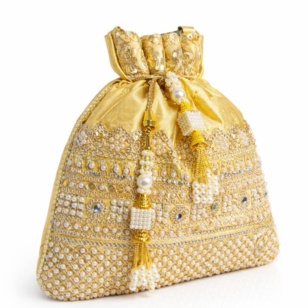 Dark Golden Pearl Potli Bag for Women Bridal Ethnic Indian Batua Purse Silk Drawstring Handbag Fancy Potli Handbags Small Potli Bags Wedding Stylish Potli Bags-image-7
