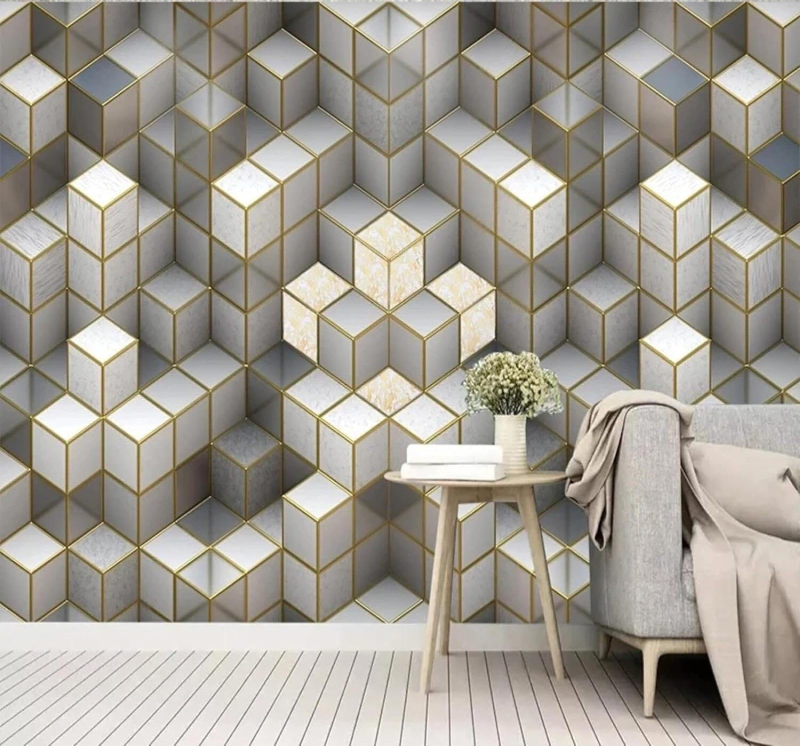Xlming 200Cm×140Cm(B×H) Creative Three Dimensional Gold Cube Unique 3D Wallpaper Luxury Home Dining Decor Paste Sofa Living Room The Wall For Bedroom Mural-200Cm×140Cm