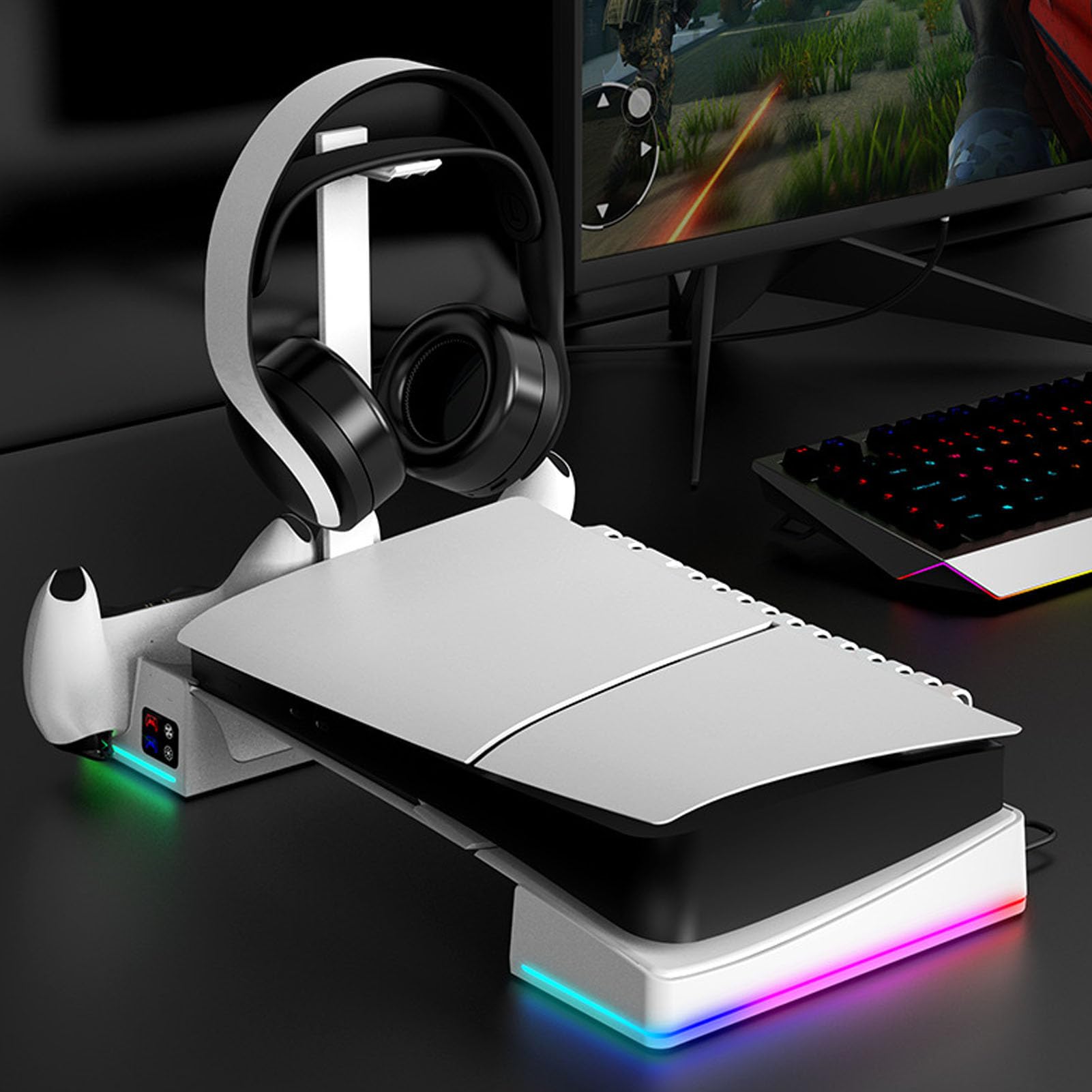 Generic Soporte de Consola Vertical con Estación de Enfriamiento, Cargador de Controlador Rápido, Ventilador de Enfriamiento de 3 Velocidades Ajustables, 14 Efectos de Iluminación RGB, ABS Premium