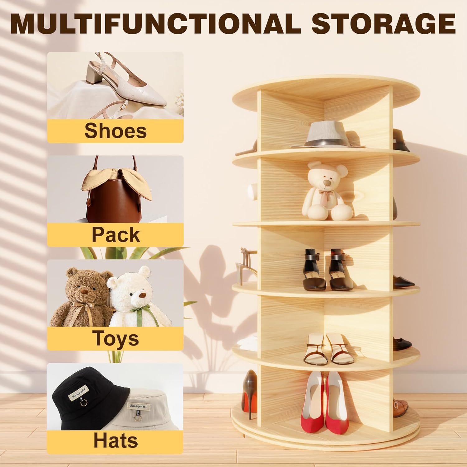 Rotating Shoe Rack Tower, 5-Tier 28 Wide Solid Pine Wood Spinning Shoe Display 360° Lazy Susan Shoe Rack, Revolving Shoe Stand, Shoe Rotating Organizer for Closet Shoes and Handbags
