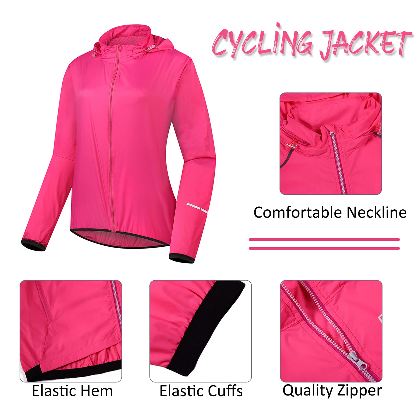Giacca da Ciclismo Donna Impermeabile Traspirante Giacca Antipioggia Sottile Cappotto da Bici con Cappuccio Riflettente Antivento Ripiegabile Giacca a Vento da Esterno