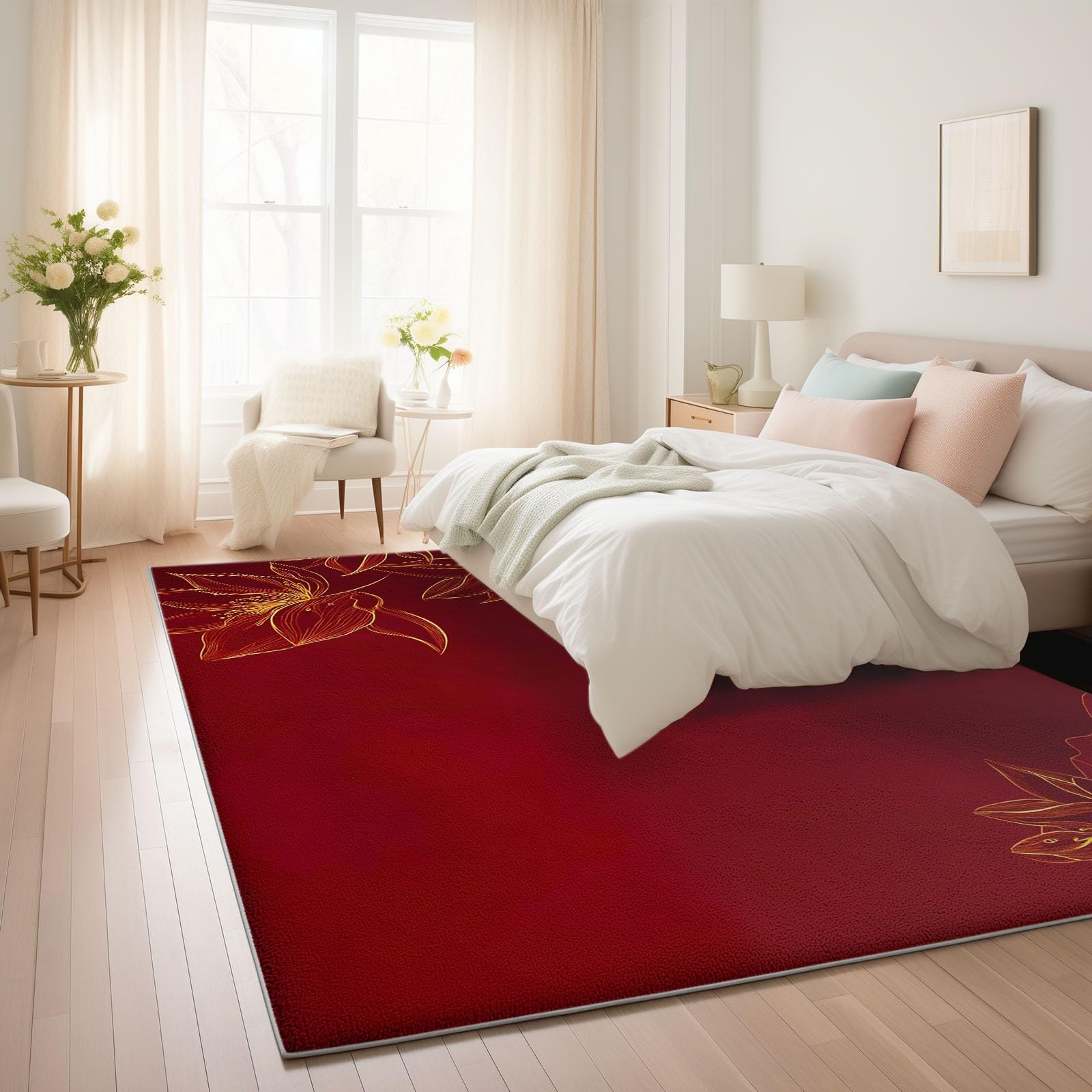 Generisch Kinderteppich Rot Osten Blumen Lotus Linien 80 x 150 cm - rutschfeste Spielmatte Krabbeldecke Teppich Pflegeleicht Waschbar, Weicher Kurzflor für Schlafzimmer & Home Office