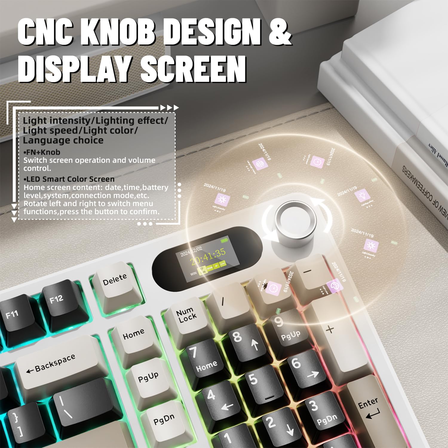 ATTACK SHARK X98PRO Gasket Teclado mecánico para Juegos,BT/inalámbrico 2.4G/USB-C,Pantalla LED a Color y Perilla CNC,RGB Backlit,Interruptor Lineal de 98 Teclas Hot-Swap,4000mAh,para PC,Mac-Blanco