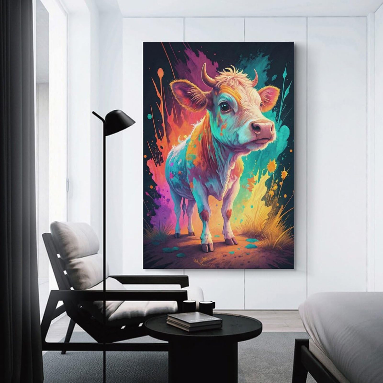 Junmoney Unframe-Style-15 Hanging Wall Art Colorful Cow With Splattered Paint, 24X36inch(60X90cm), For Small Homes, Bedrooms Or Open Spaces, Wall Decor With Flexible Room Appeal