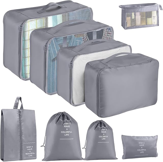 Packing Cubes for Suitcases,MOFELON 9 PCS Travel Luggage Organiser Bags,Waterproof Packing Cubes for Backpack Suitcase,Travel Essentials Bag Compression Storage Bags,Travel Accessories(Grey)