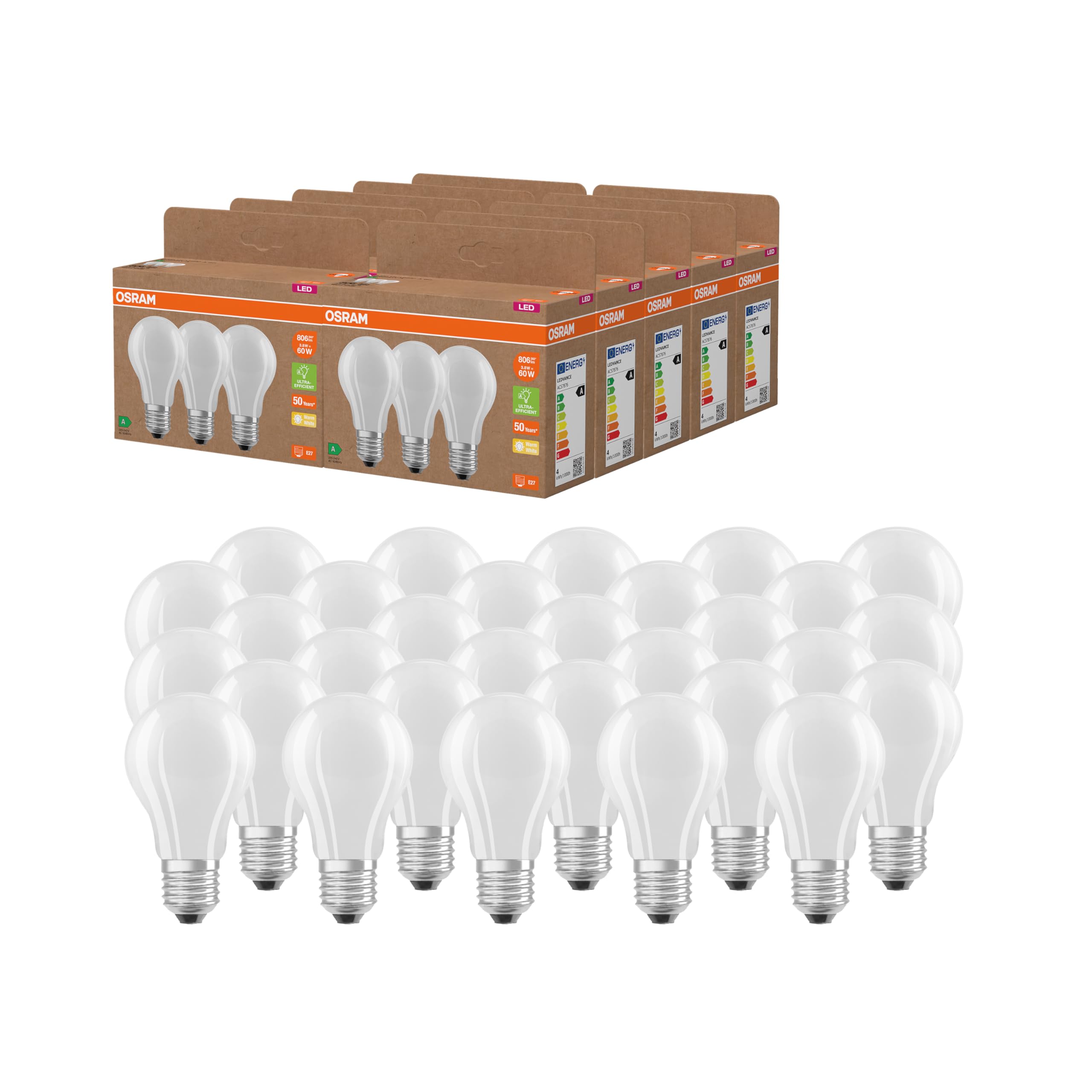 OSRAM Lampade LED ad alta efficienza con classe energetica A, confezione vantaggiosa con 30 lampadine, sostituisce le tradizionali lampadine da 60W, forma a bulbo, bianco caldo, E27, vetro opaco