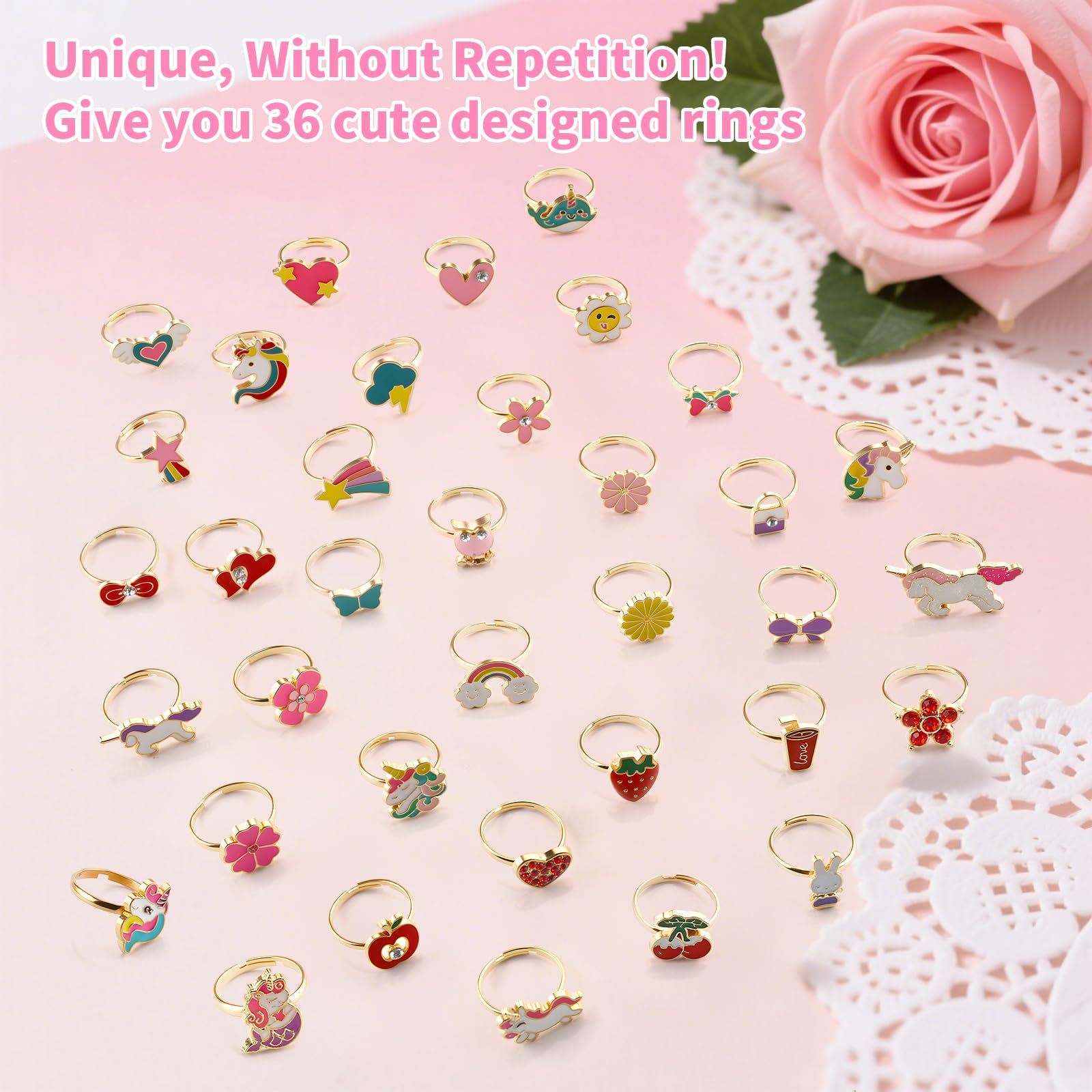 Foydream Pack of 36 Adjustable Children's Rings for Girls, Pink Unicorn, Heart Shape Display Case, Perfect for Children's Birthday Party Favours 1