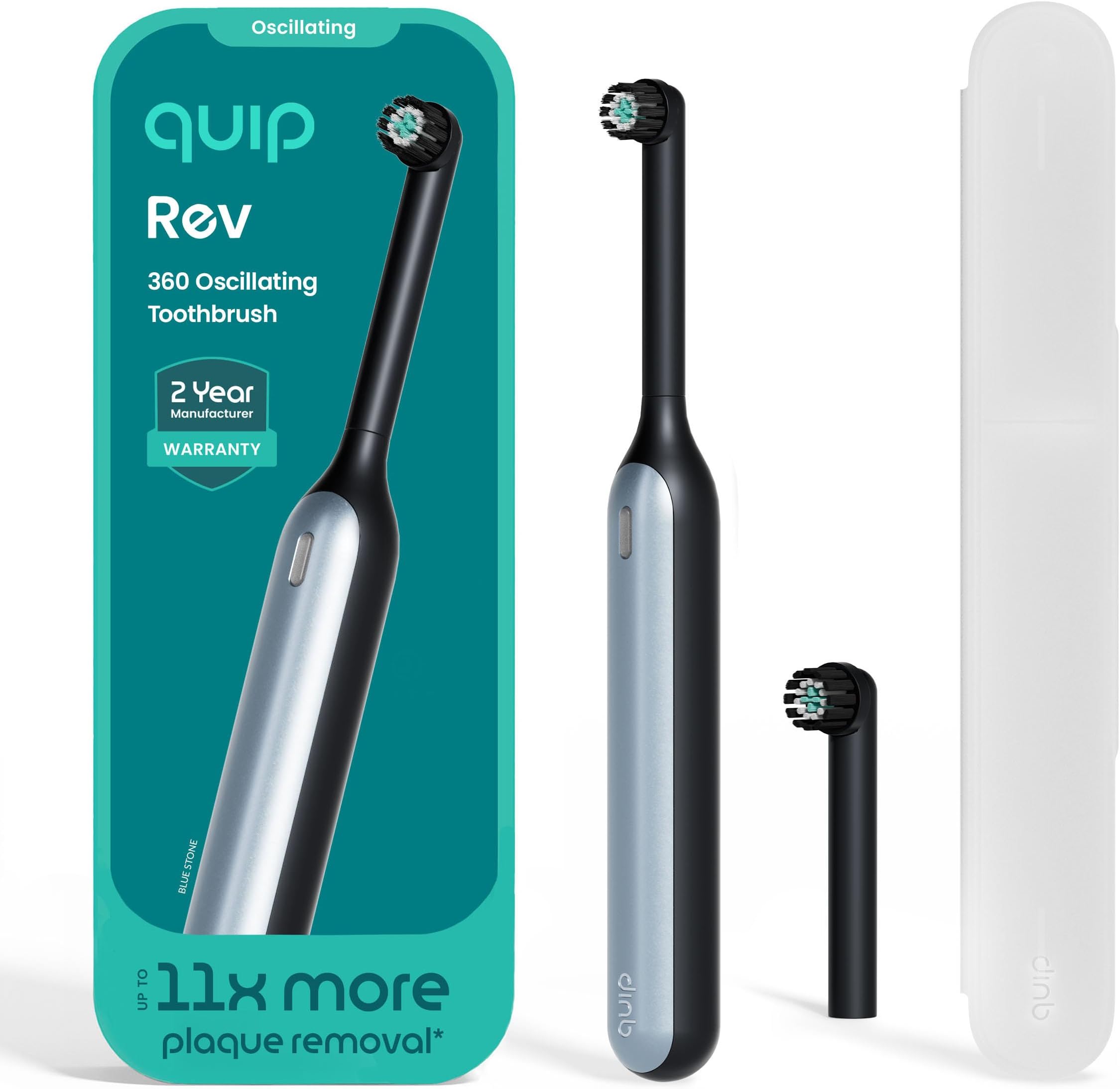Rev Oscillating Rechargeable Electric Toothbrush with Extra Brush Head - Soft Bristles, Pressure Sensor, 3 Intensities, 30-Day Battery Life, 2-Min Timer, Travel Case, Mirror Mount - Blue Stone